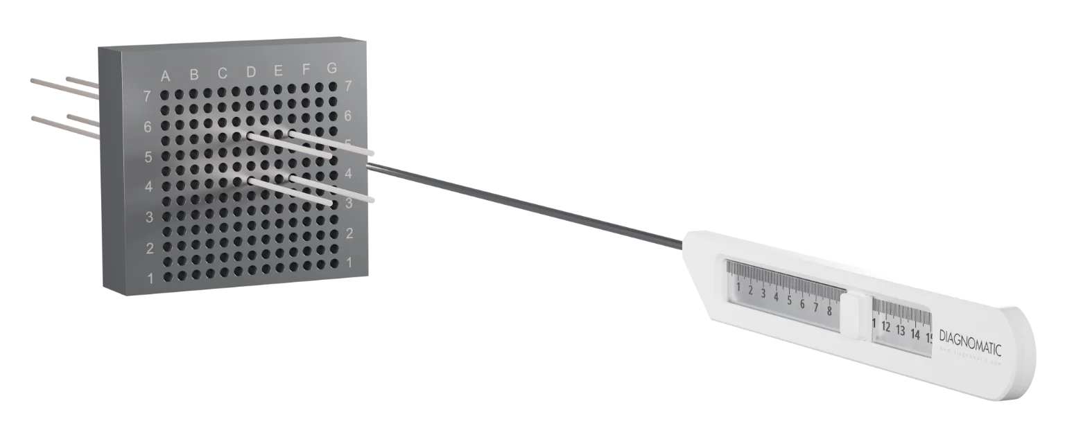 Side view of brachytherapy needle length measurement showing the device aligned with the template surface.