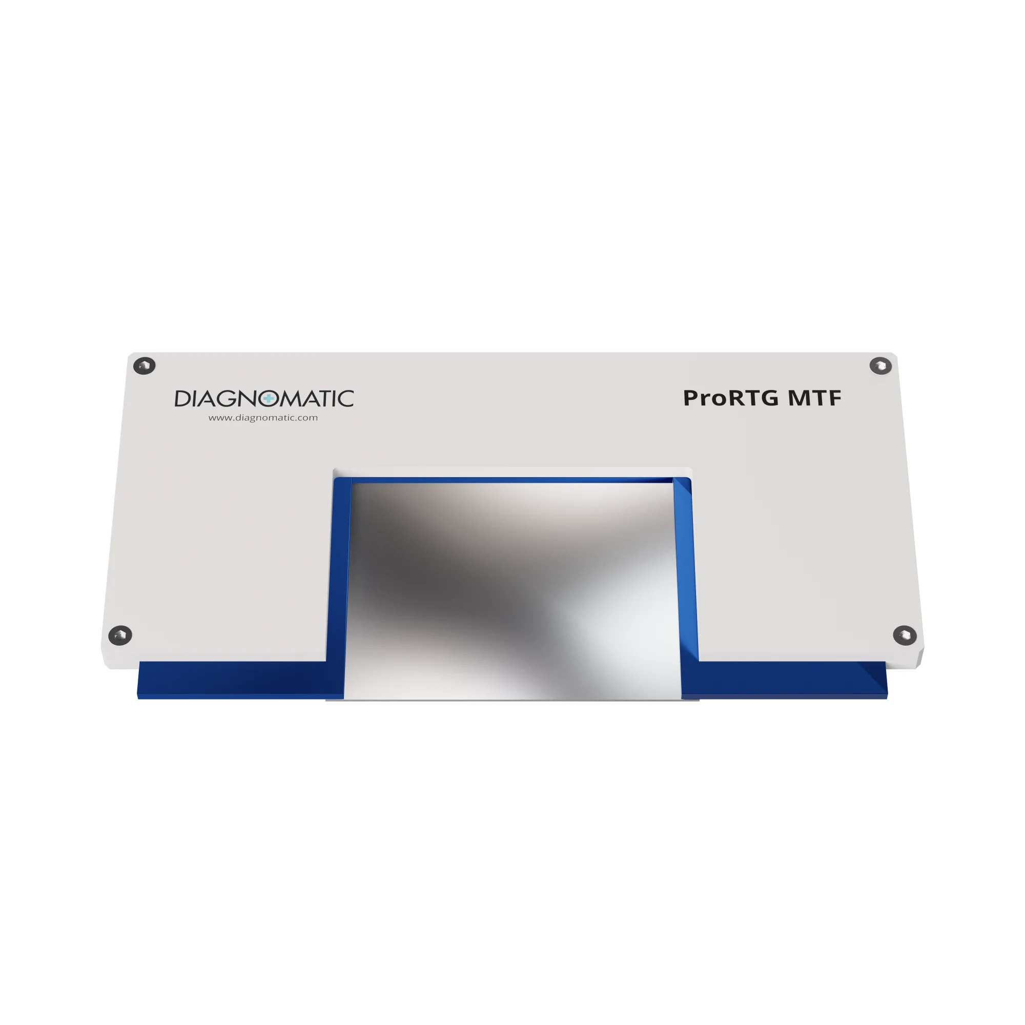 Przyrząd krawędziowy Diagnomatic ProRTG MTF — widok od frontu, krawędź wolframowa w niebieskiej ramie aluminiowej na podłożu PMMA, fantom MTF IEC 62220-1