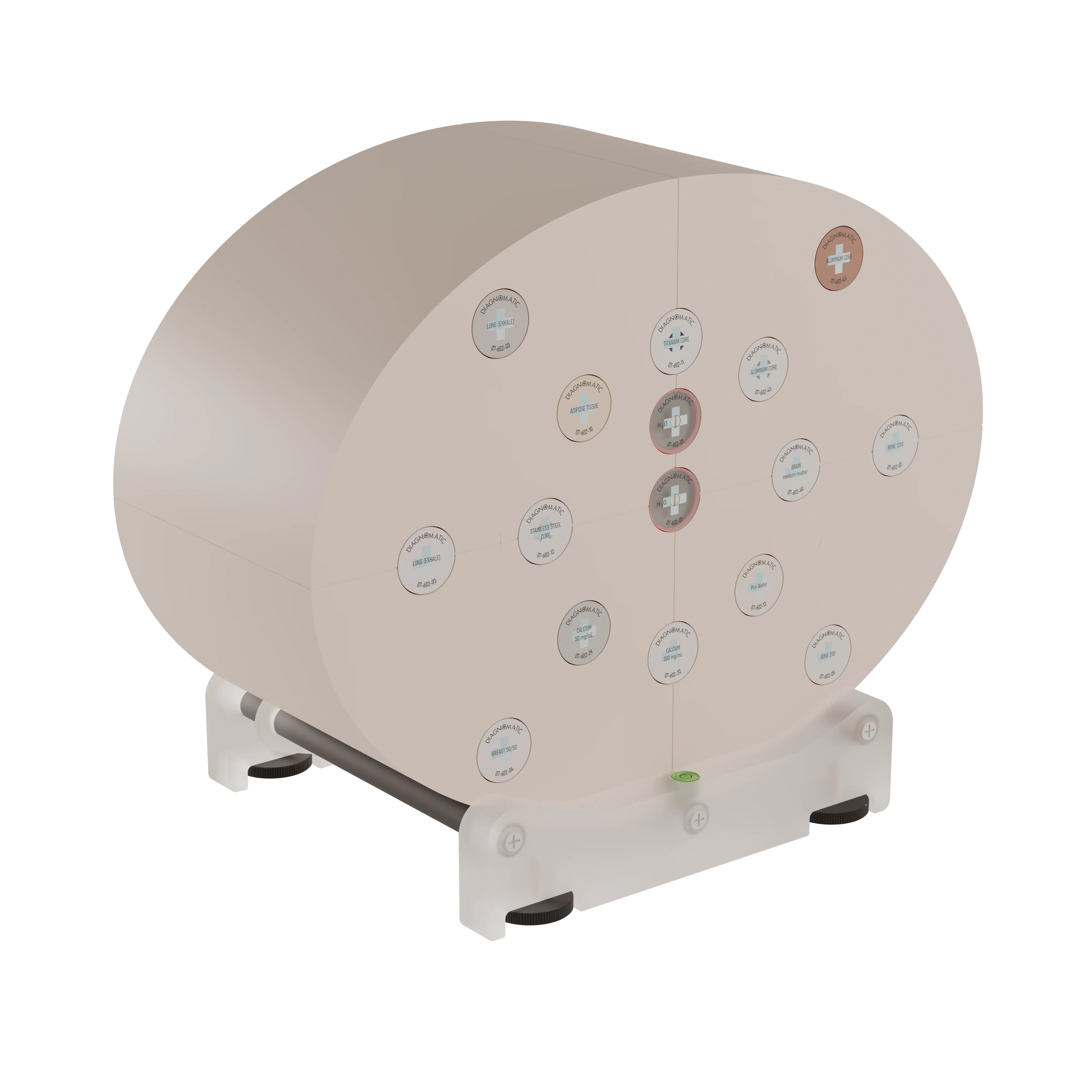 Pro-RT ED CBCT phantom (07-602A) on stand, solid body with removable head module and labelled tissue-equivalent electron density plugs.