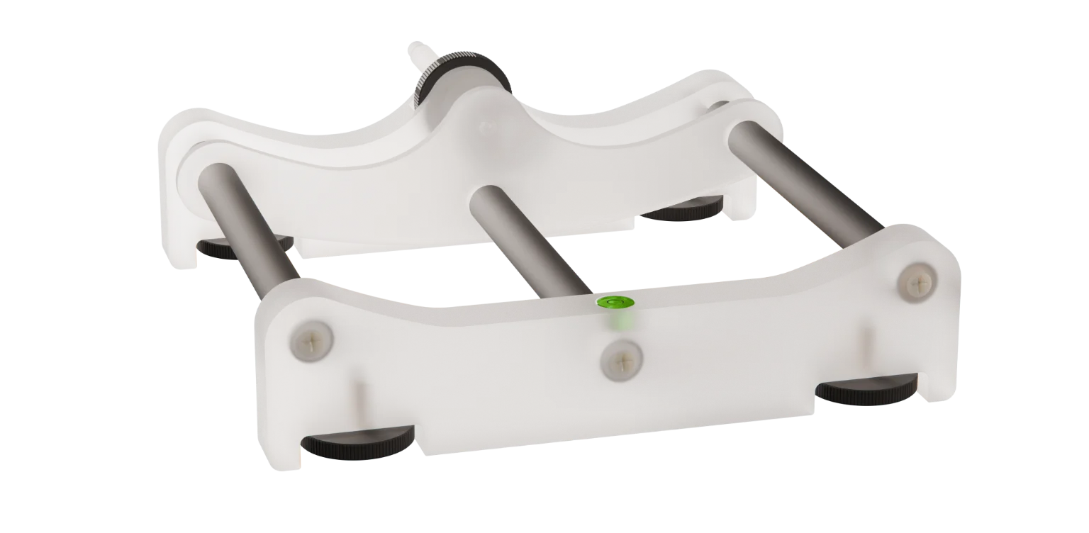 Pro-CT MultiEnergy table stand with adjustable legs, spirit level and screw mechanism for clamping the three phantom sections.