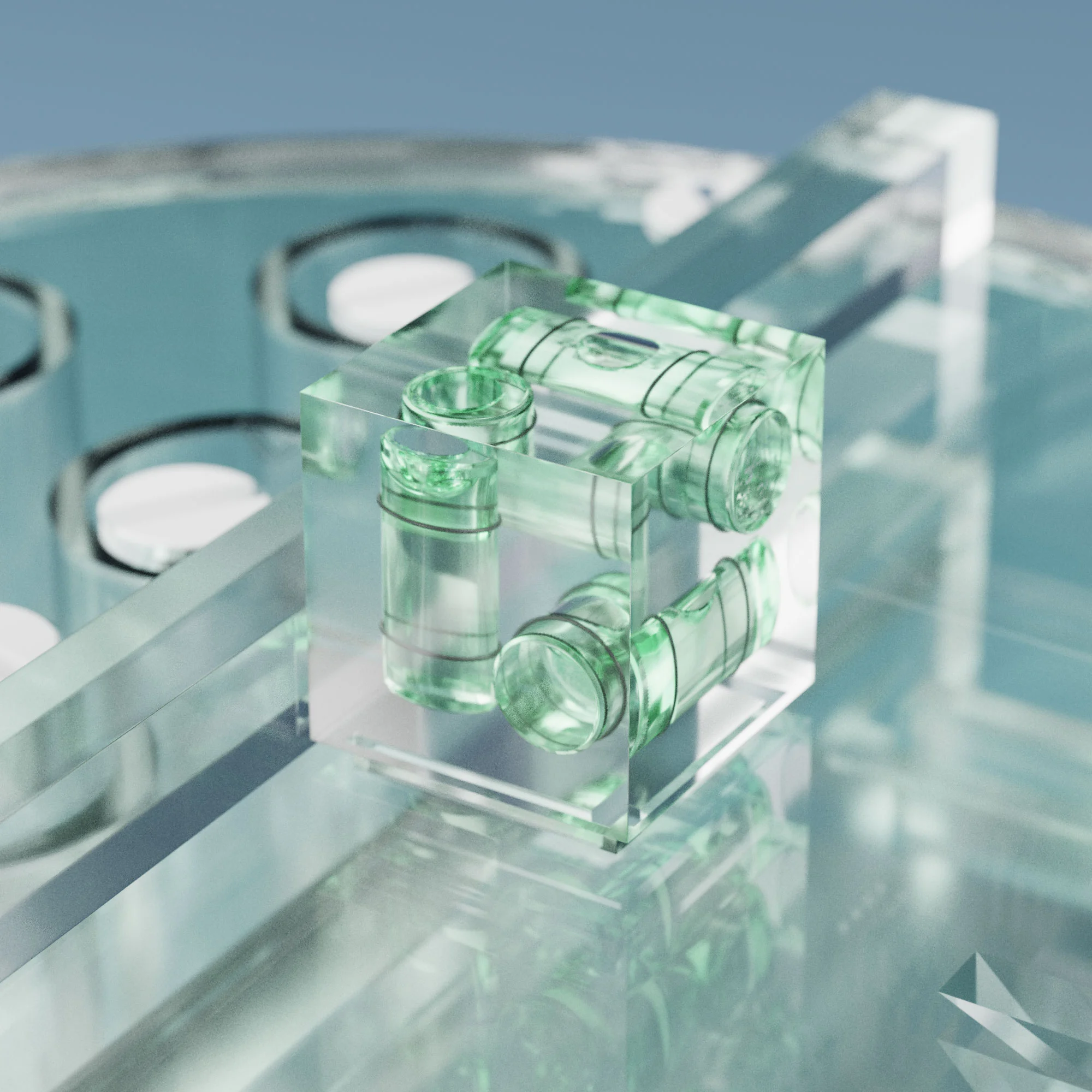 Primer plano del cubo de plástico transparente con niveles de burbuja en 3 ejes.
