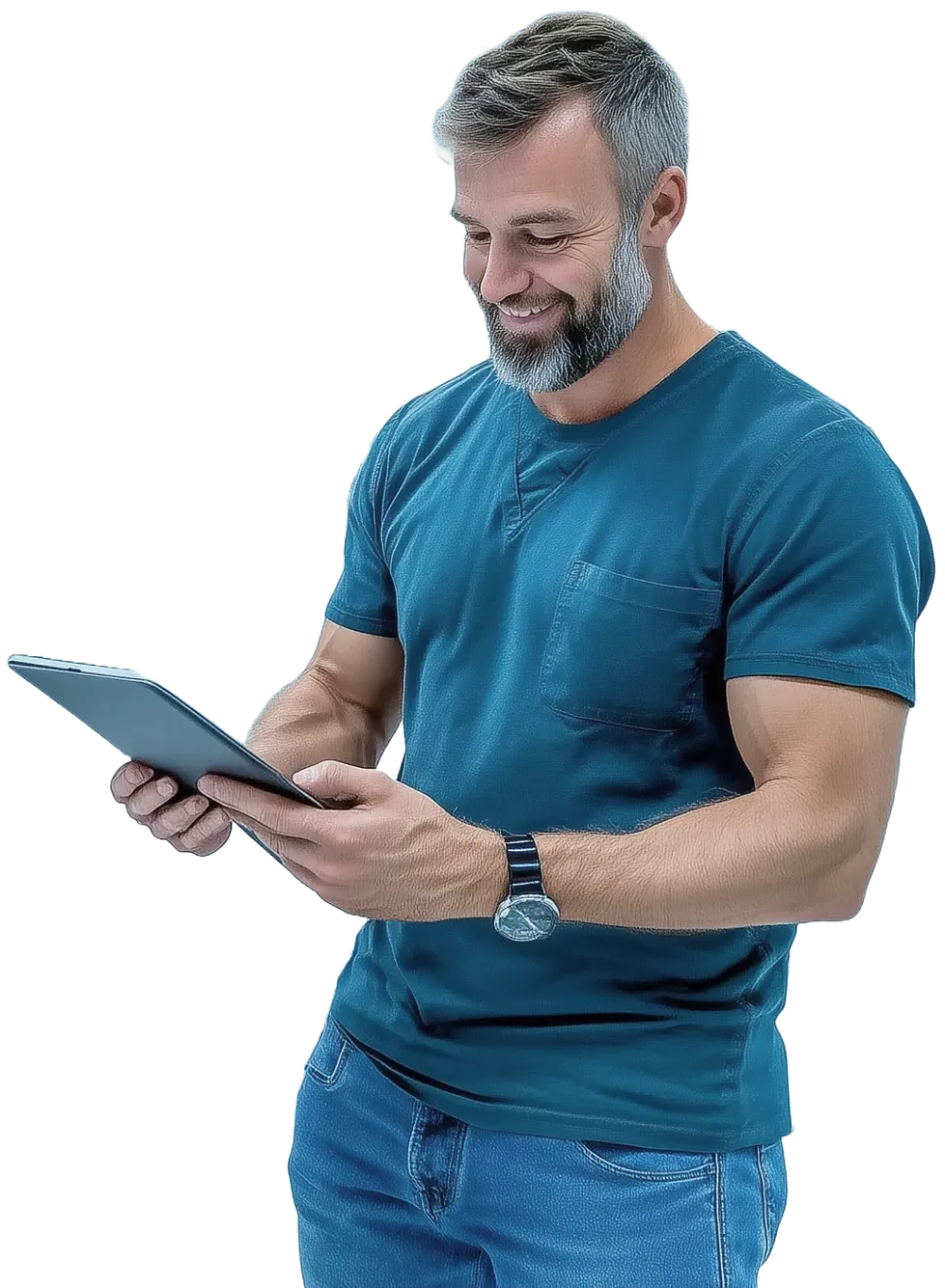 A smiling man with a tablet.