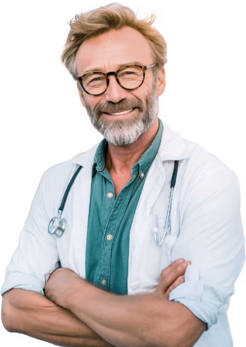 A smiling, good-looking middle-aged doctor in glasses.