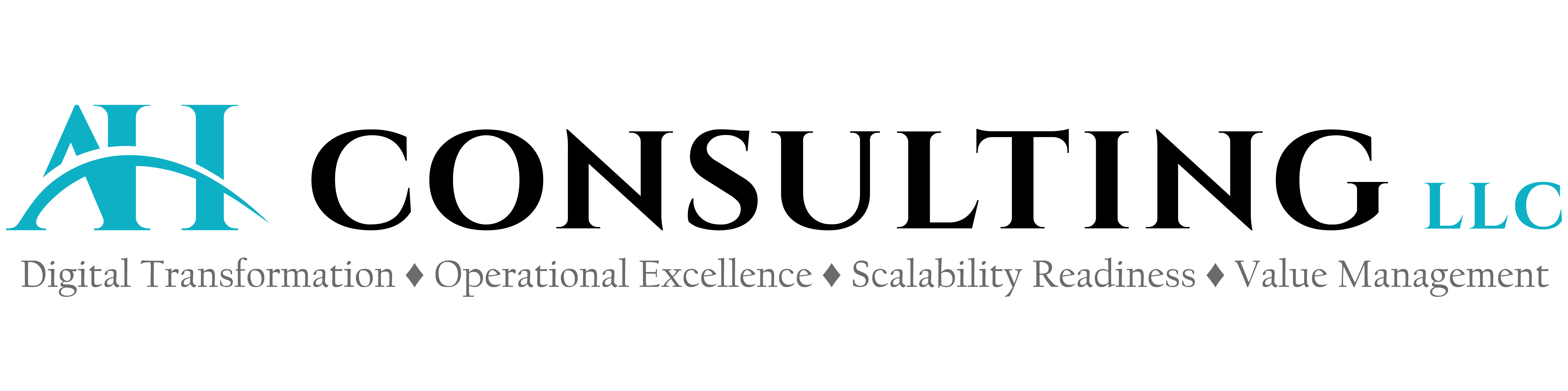 AH Consulting Logo. Top of logo features name of company in a stylized word mark. Under name shows four phrases separated by diamond icons: Digital Transformation, Operational Excellence, Scalability Readiness, and Value Management.