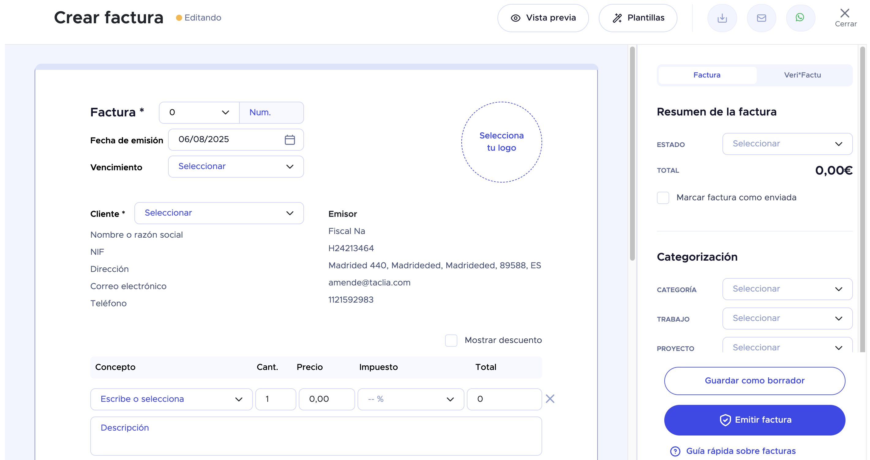 Factura hecha con taclia que cumple con los requisitos de AEAT para Veri*Factu