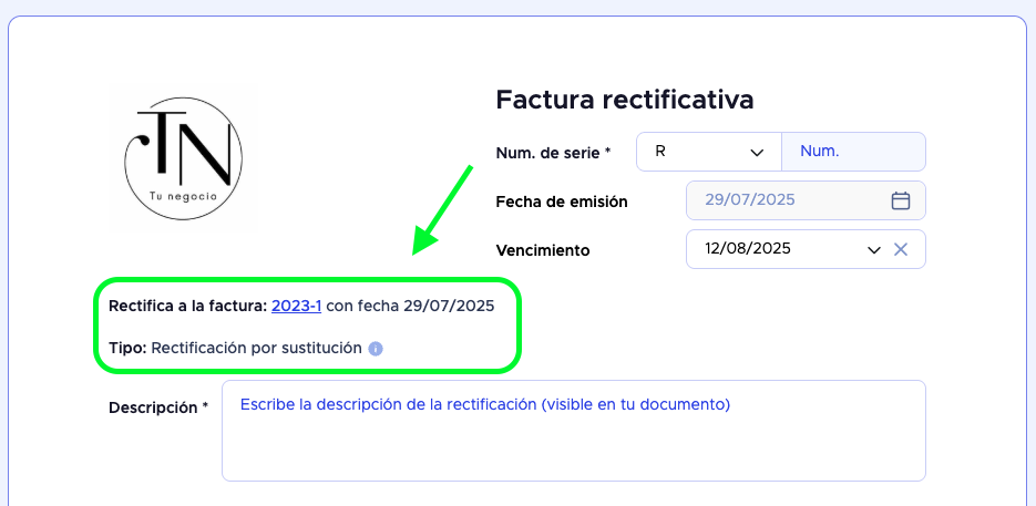 Ejemplo de cómo una factura rectificativa debe enlazar a la emitida