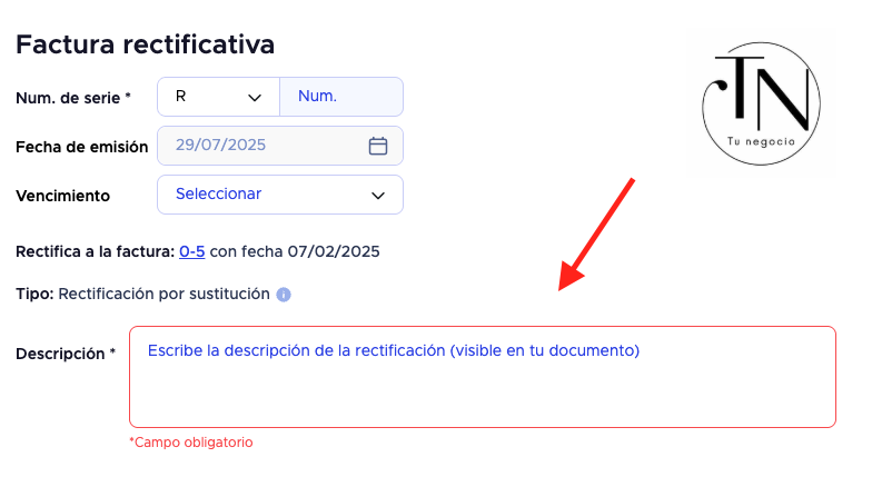 Ejemplo de factura rectificativa donde se destaca el motivo de la rectificación