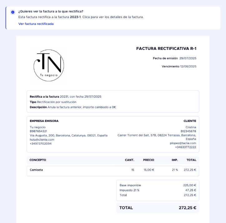 Ejemplo práctico de factura rectificativa con taclia