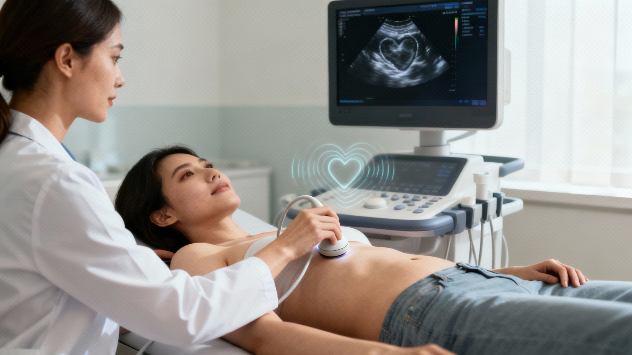 A sonographer performing a heart echocardiogram on a patient.