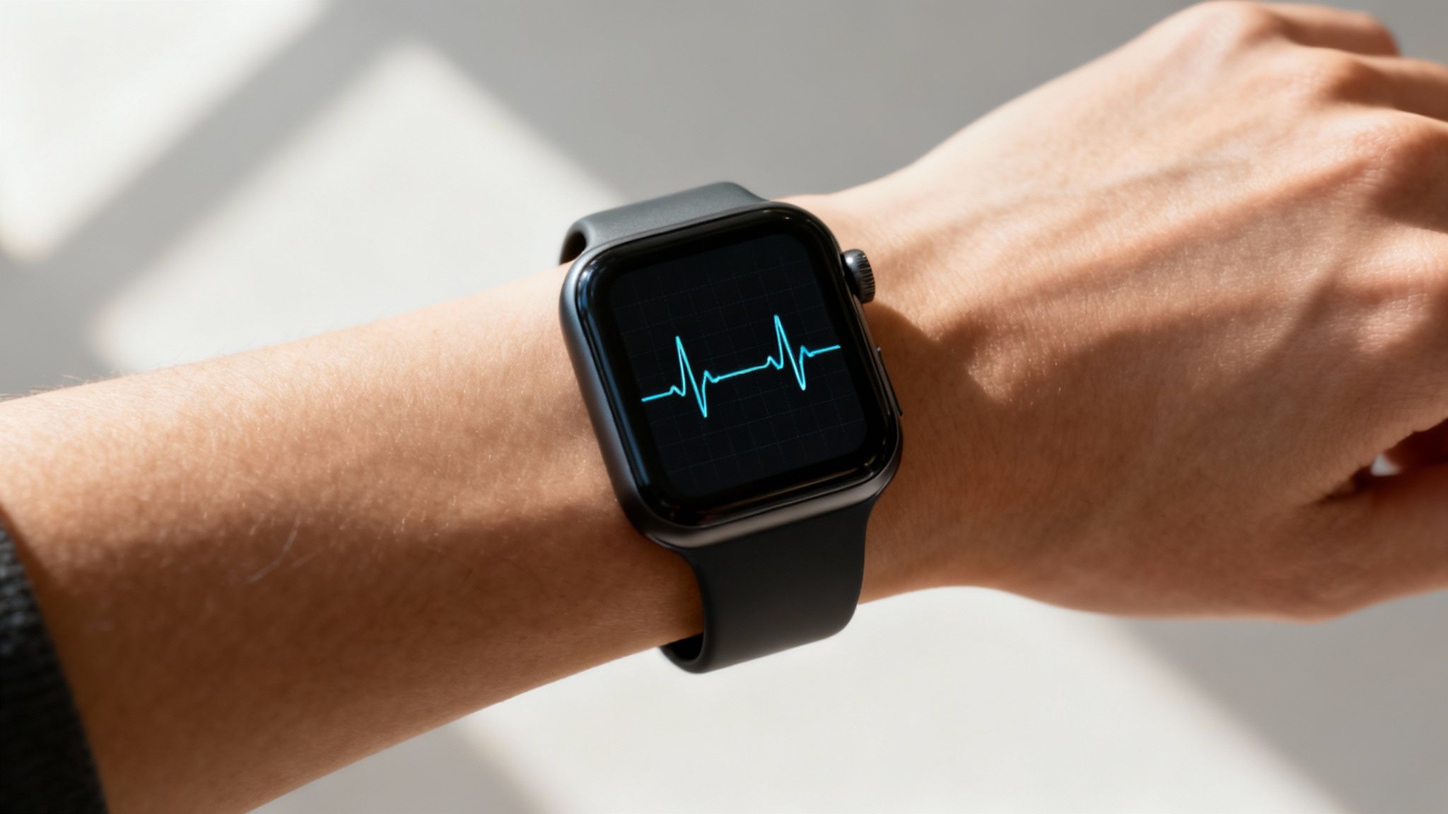A person using a smartwatch to take an EKG reading at home.