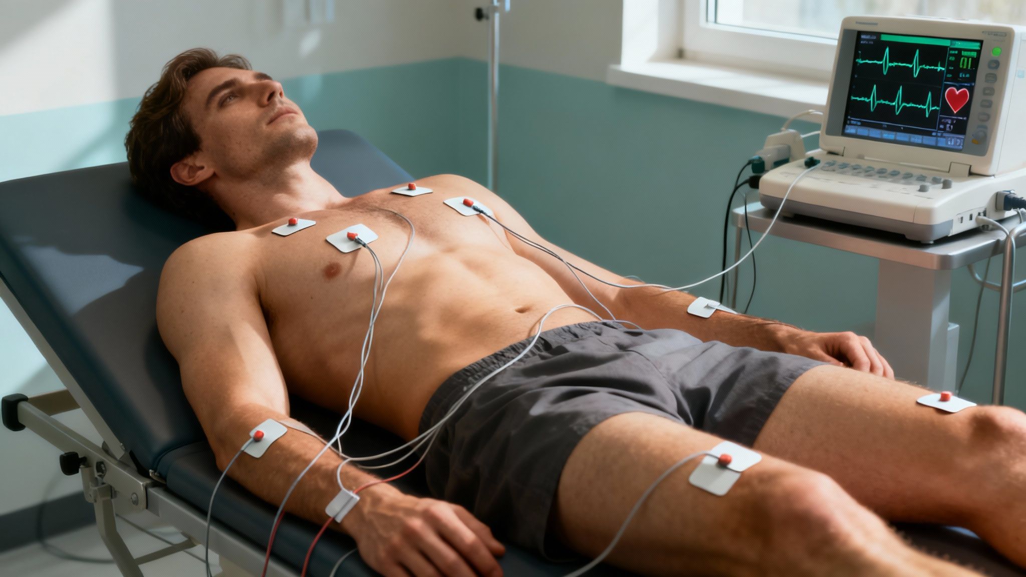 An illustration showing how an electrocardiogram works with electrodes on a person's chest connected to a machine displaying heart rhythm waves.