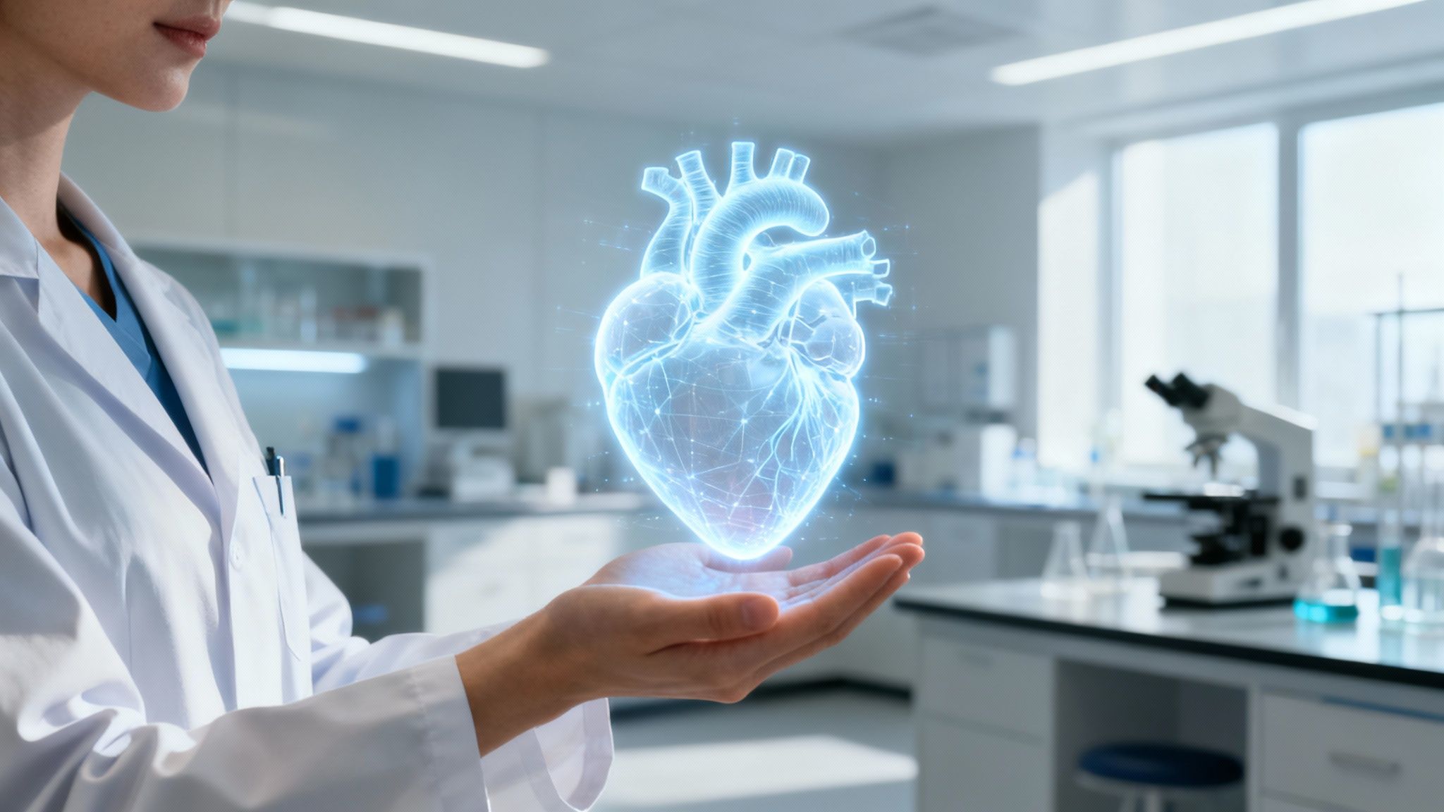 A doctor reviewing a patient's heart scan on a tablet, with a reassuring expression.