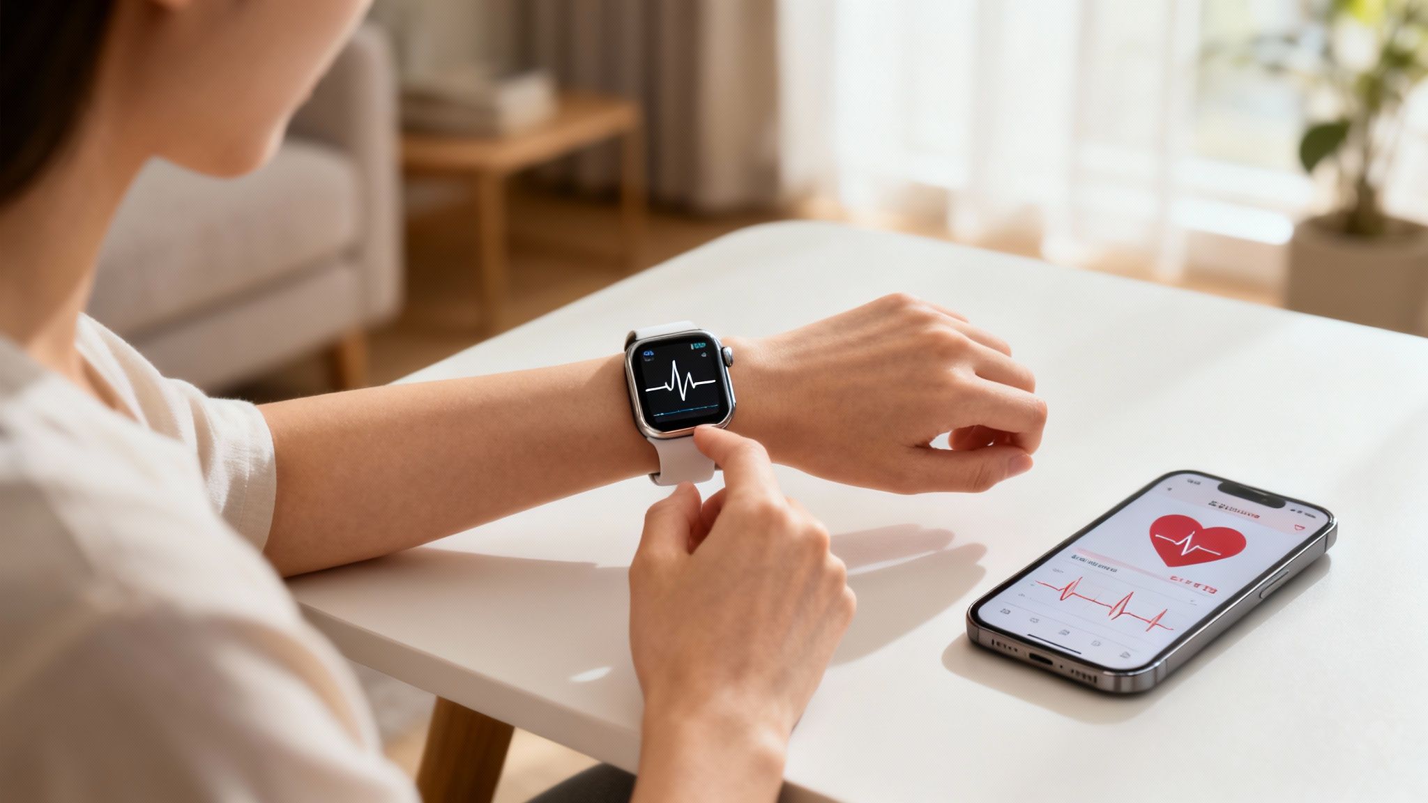 A woman smiles while looking at her smartwatch, feeling reassured about her heart health.