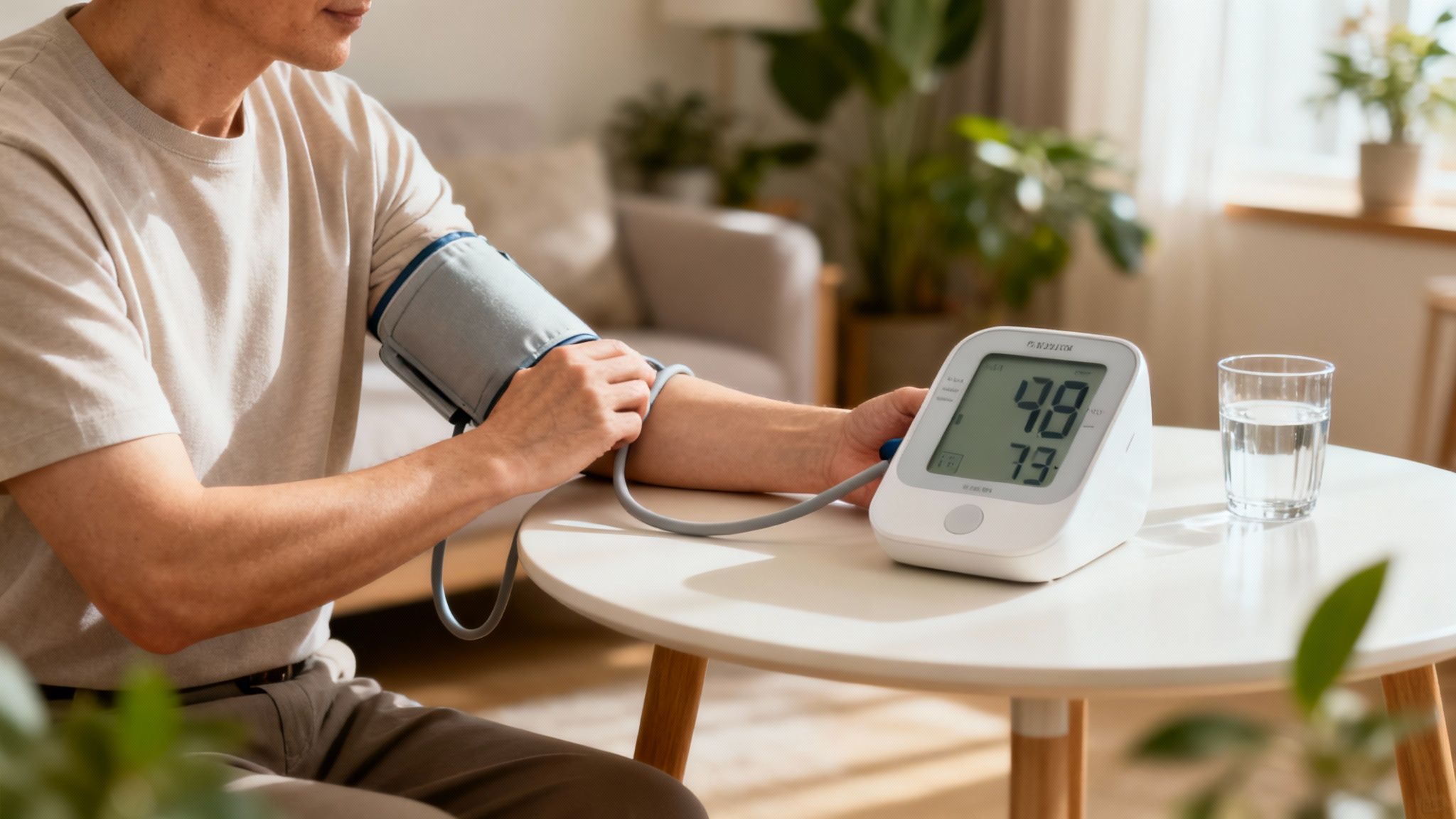 A woman measures her blood pressure at home with a digital monitor.