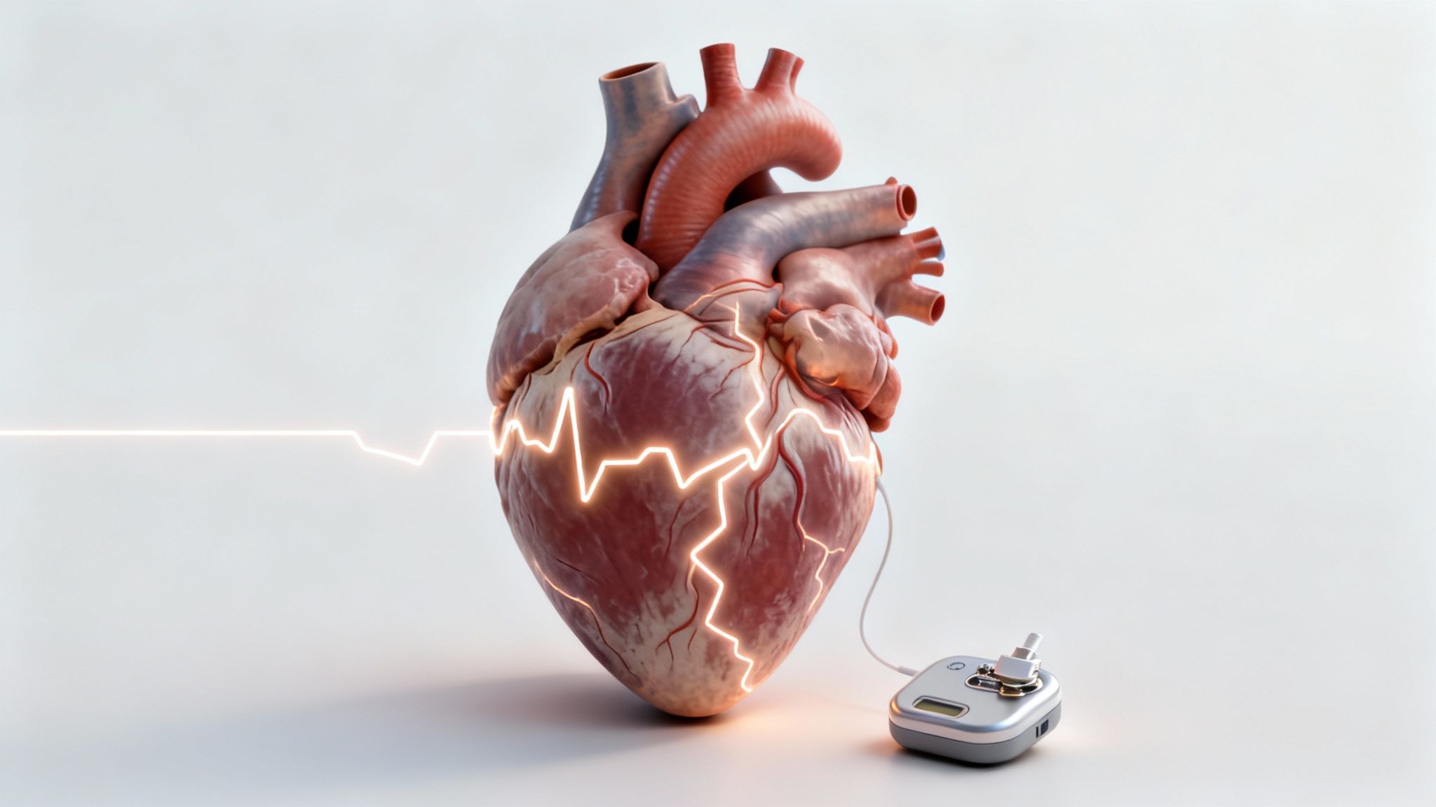A doctor explaining a heart diagram to a patient, showing the electrical pathways.
