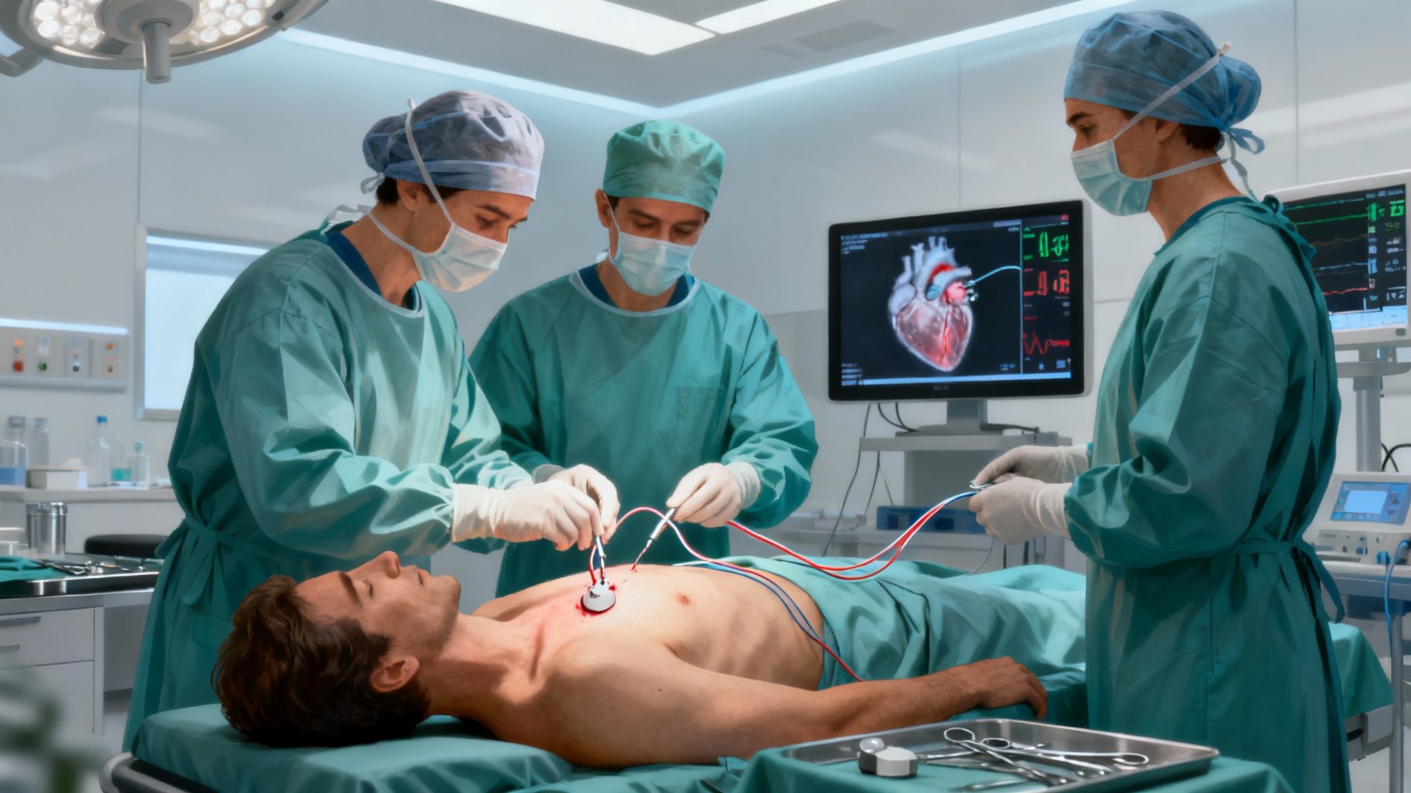 An illustration showing a surgeon implanting a pacemaker near a patient's collarbone.