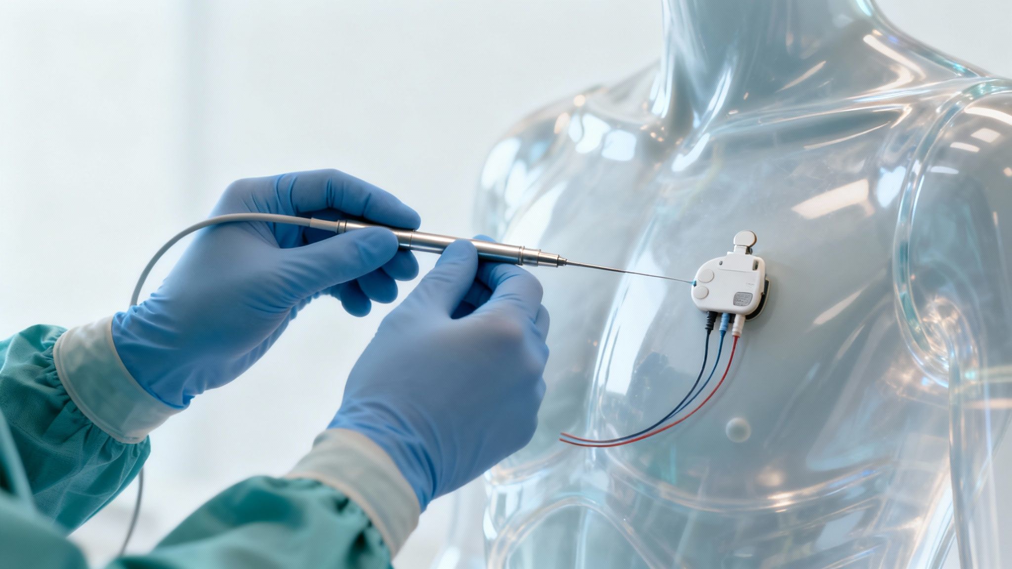 A medical professional in a modern operating room looking at a screen displaying a heart rhythm