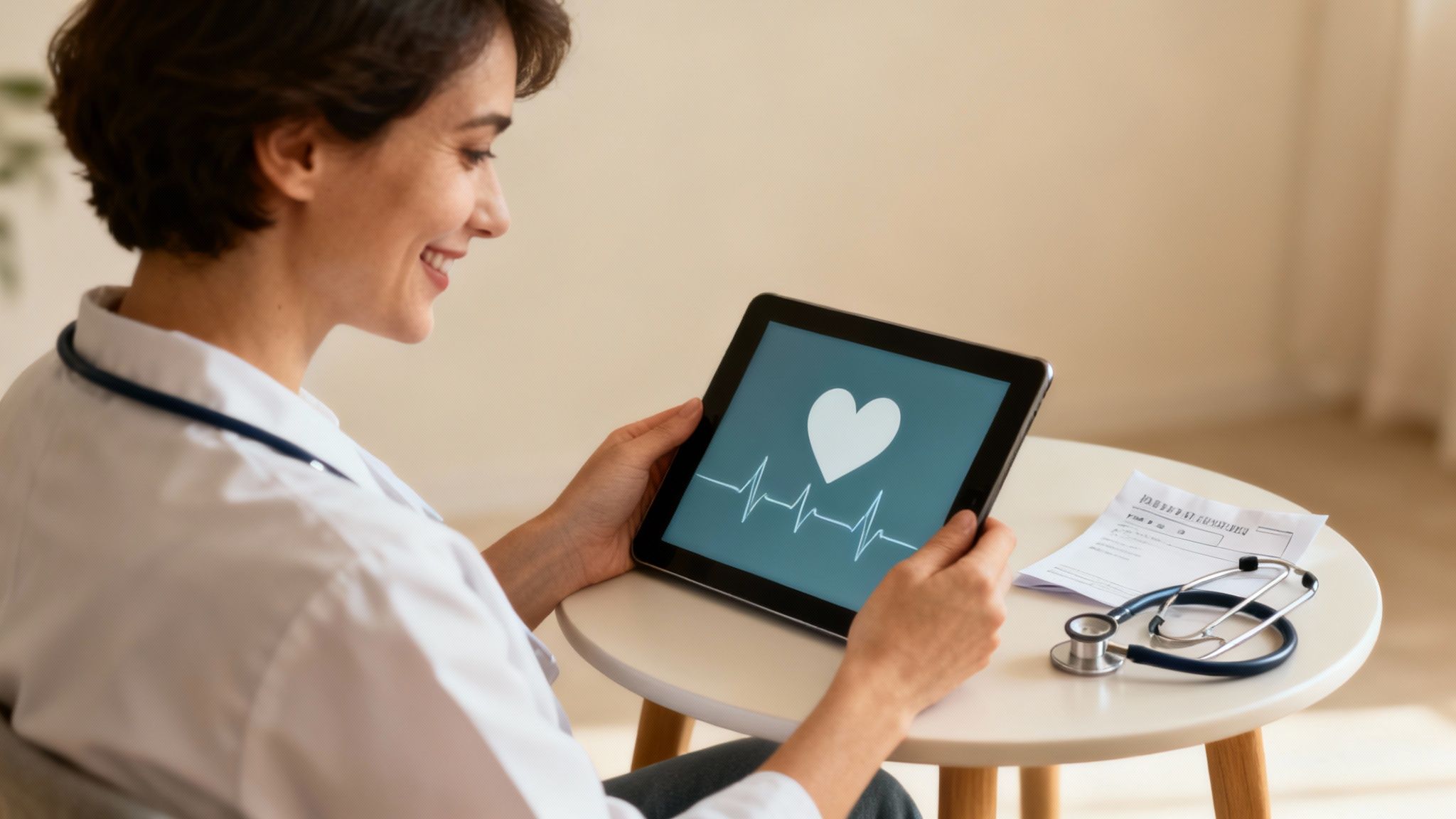 A woman using a smartwatch to check her heart rate.