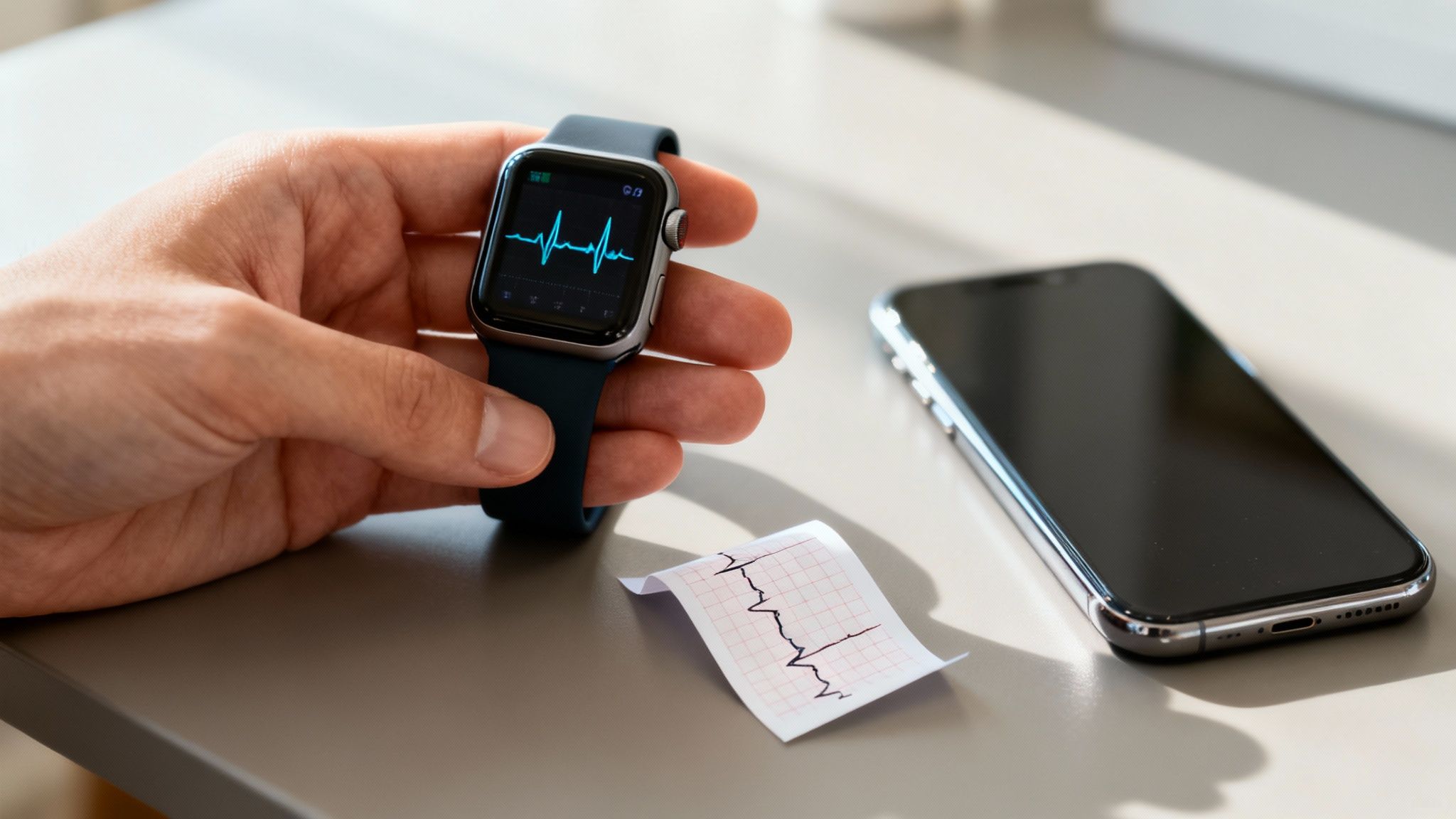A person looking at their smartwatch which displays a heart rate monitor and ECG reading.