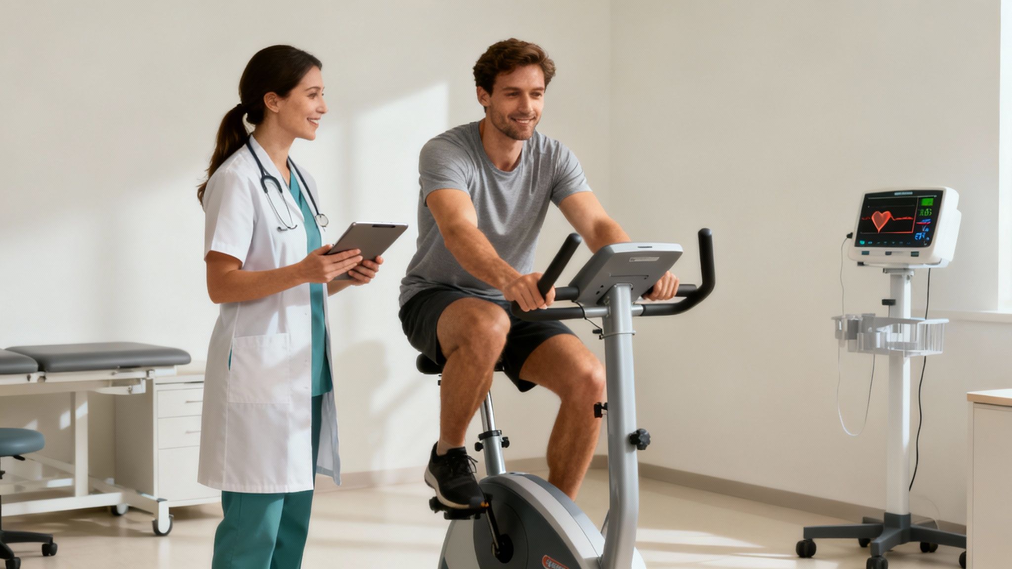 A healthcare professional assists a patient with gentle exercise after surgery.