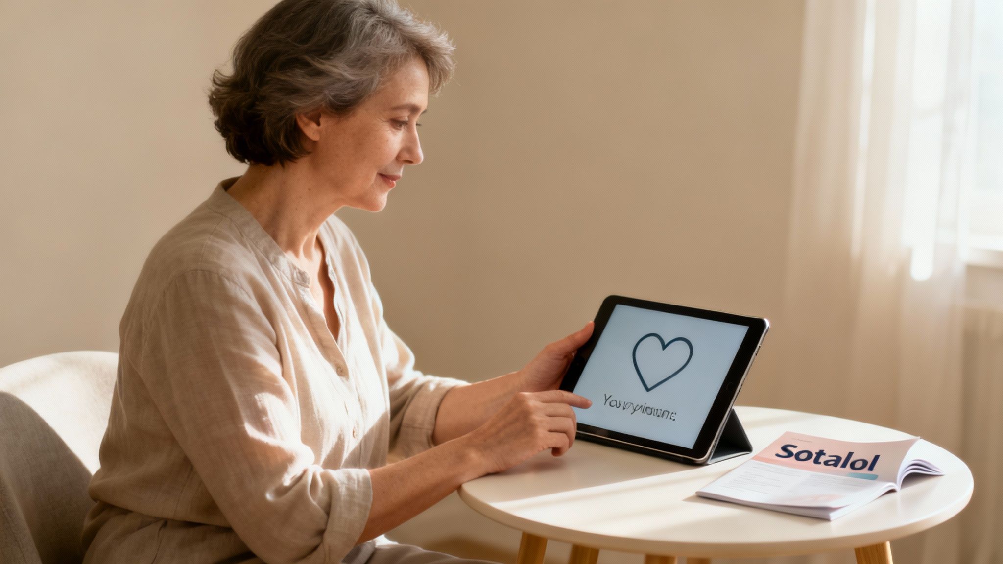 A close-up of a person holding a sotalol pill in their palm, with a blurred, comforting background.