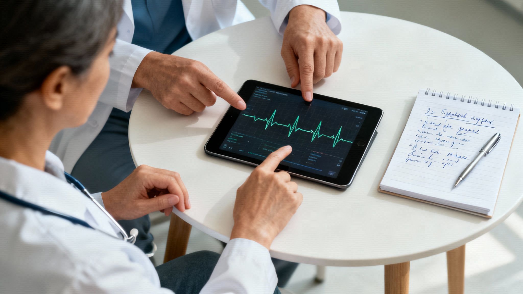 A person is sitting comfortably at their desk, reviewing their ECG data on a laptop and taking notes in a journal, with their wearable ECG device visible on their wrist.