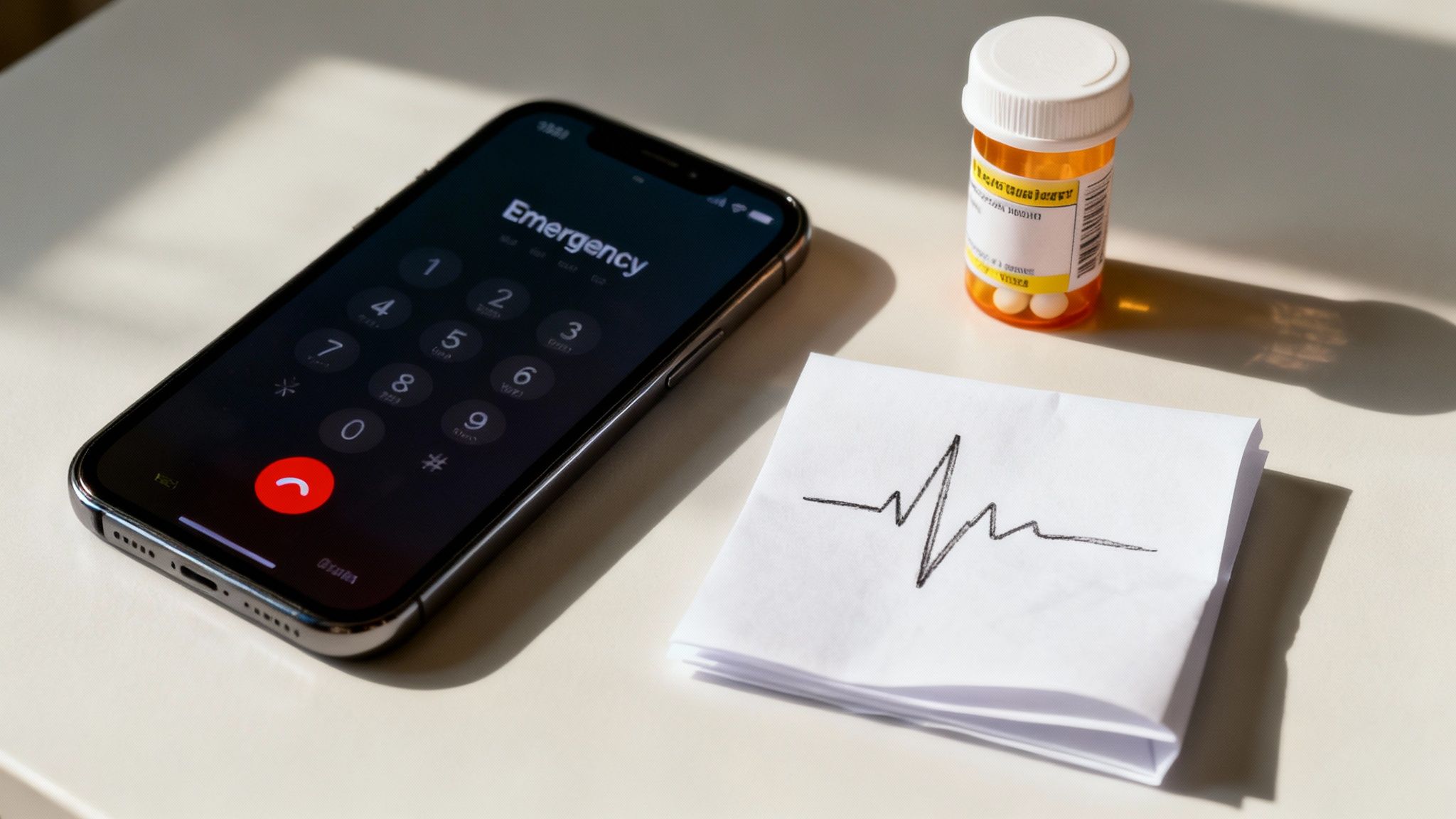 A person using a smartphone to call for medical assistance, indicating urgency.