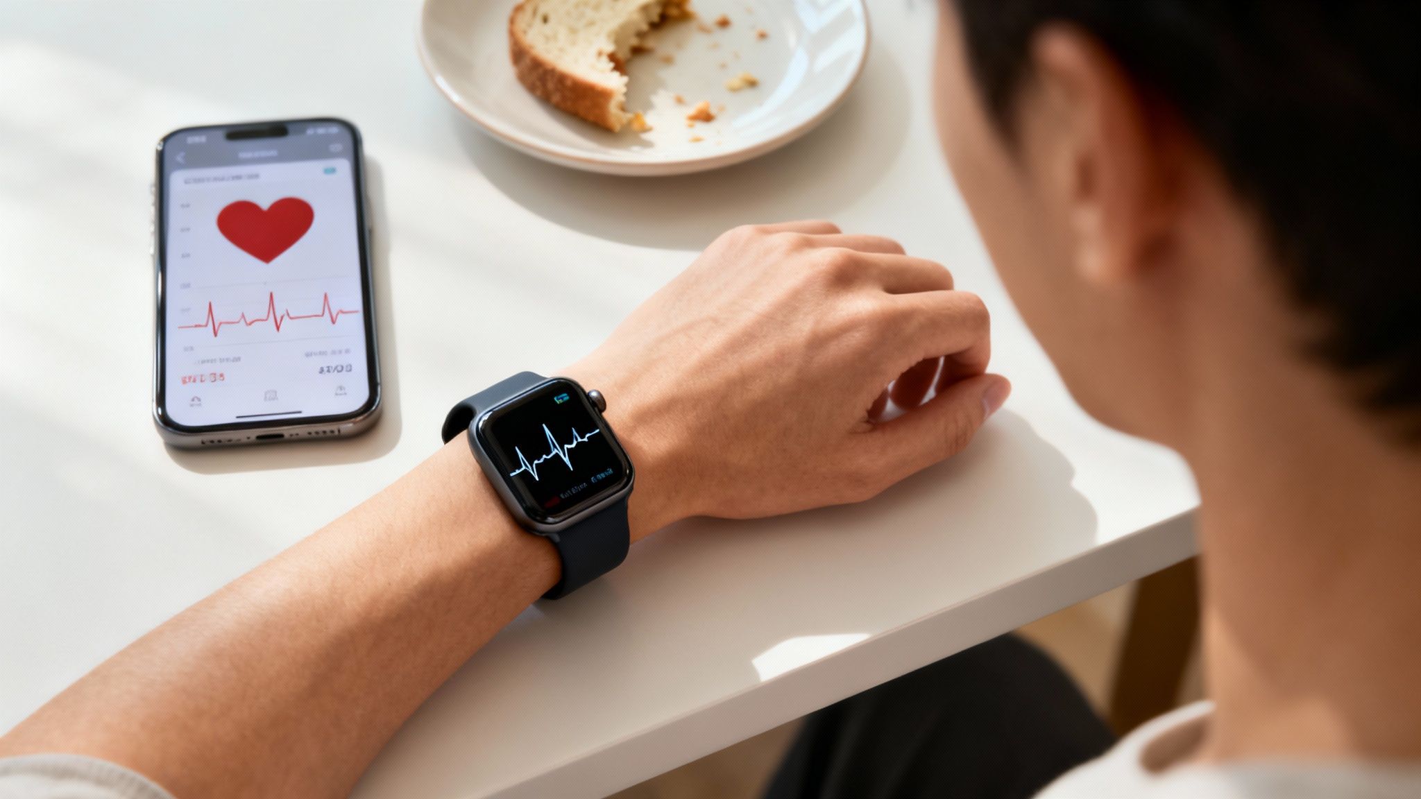 Woman using a smartwatch to check her heart rhythm