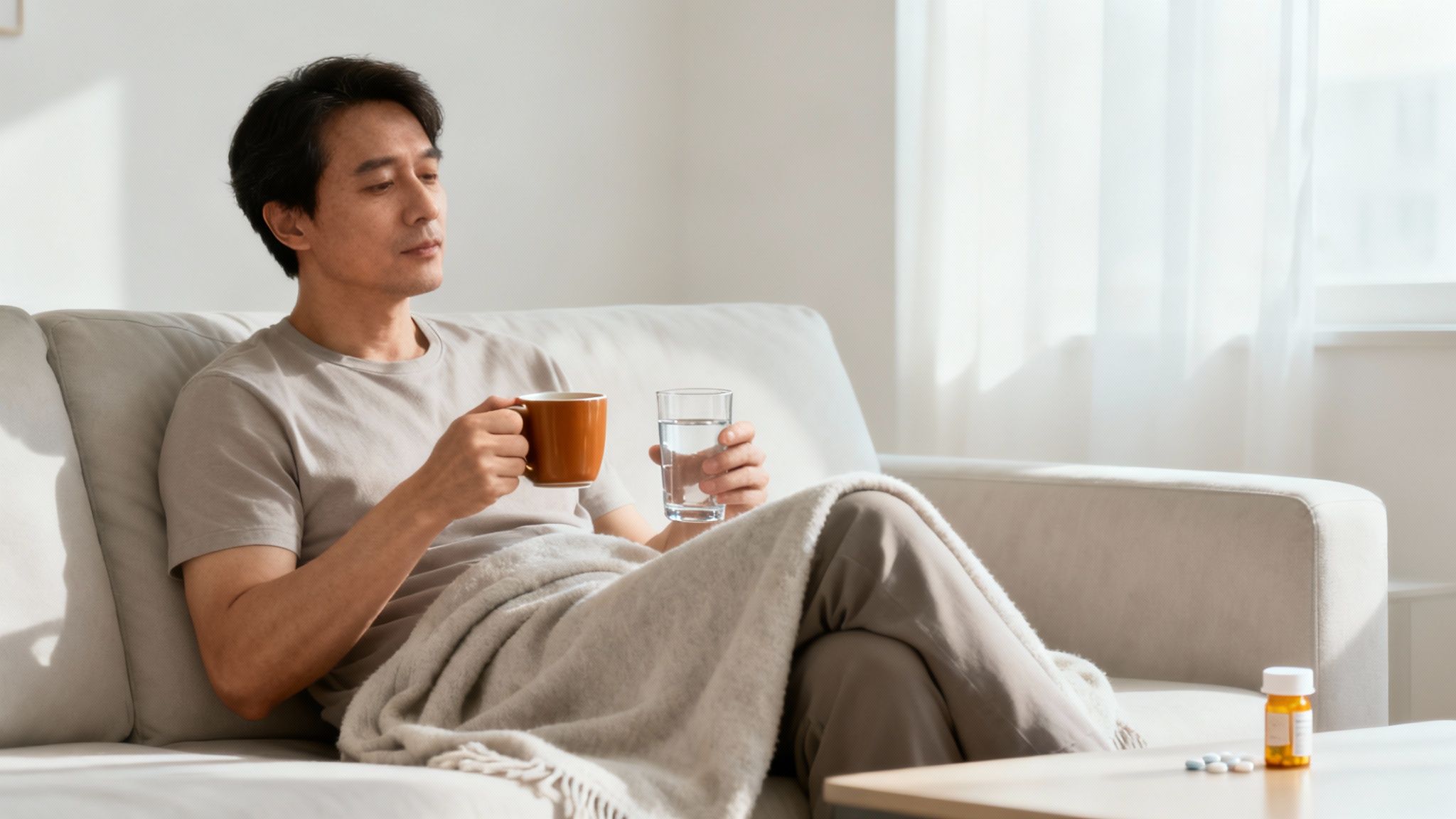 Two hands holding a ceramic mug, conveying a sense of calm and comfort.