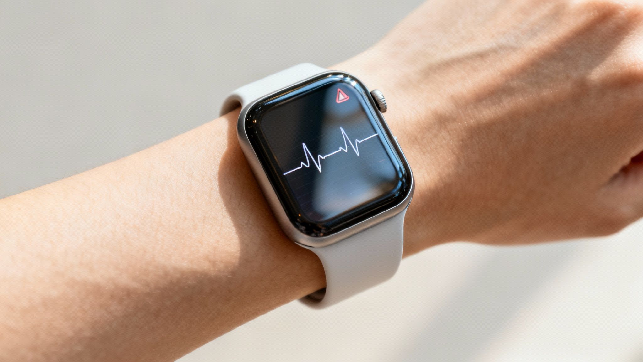 A person looking at their smartwatch, which displays a heart rate graph, feeling empowered by the data.