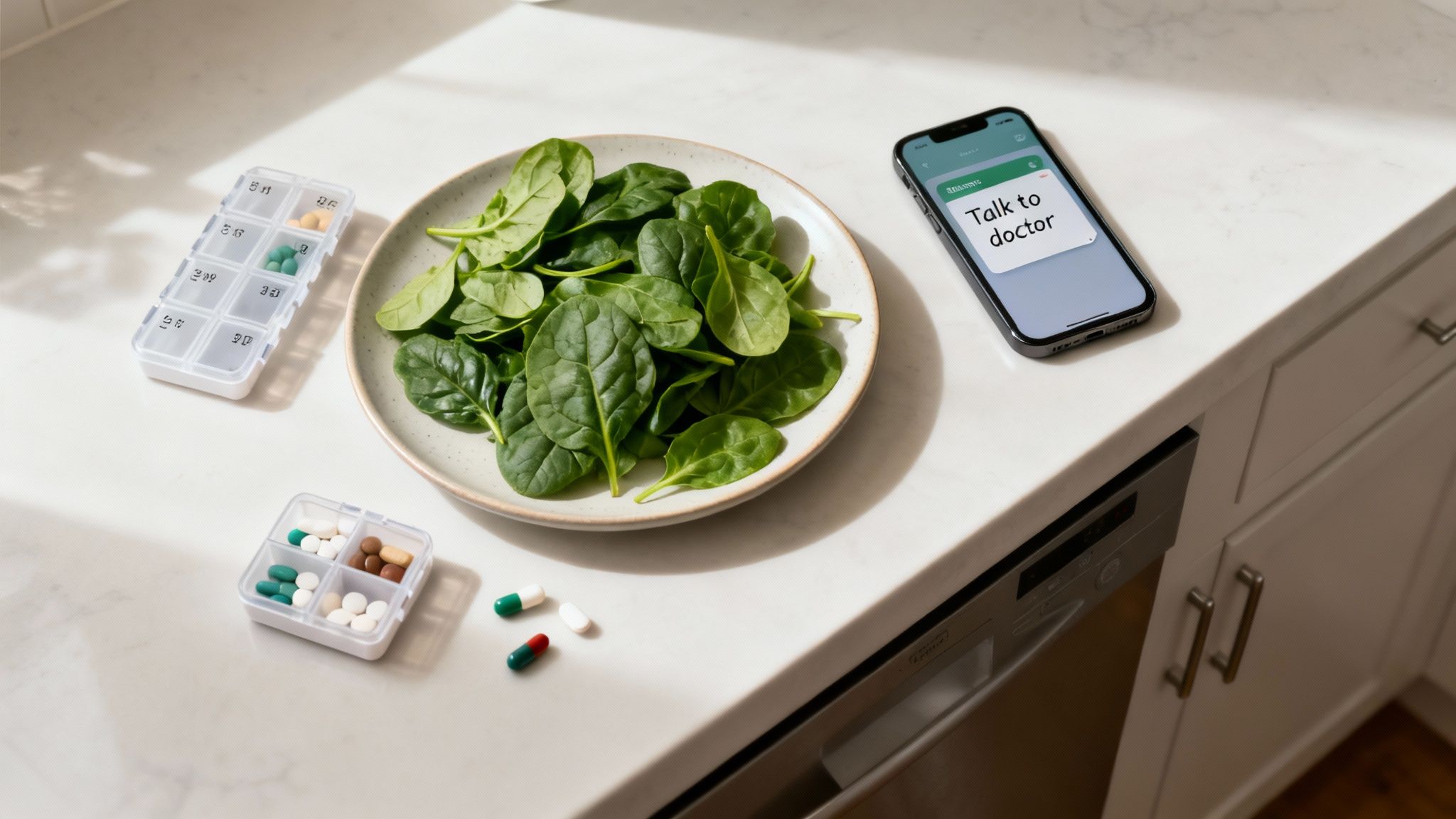 A close-up of a well-balanced meal featuring leafy green vegetables, lean protein, and whole grains, symbolizing a healthy and consistent diet.