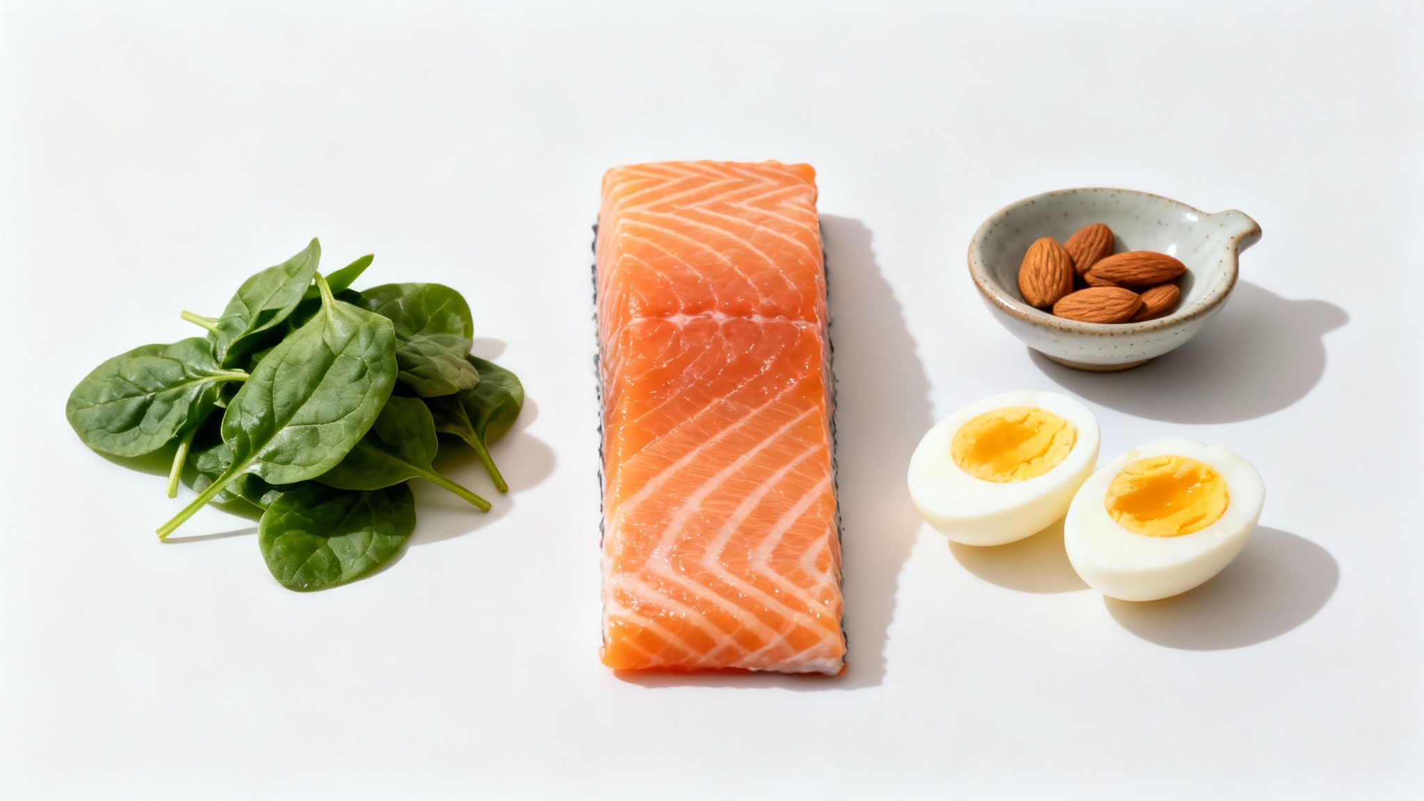 A close-up of a wooden spoon holding a mix of nuts, seeds, and leafy greens, with a soft-focus background of colorful vegetables.