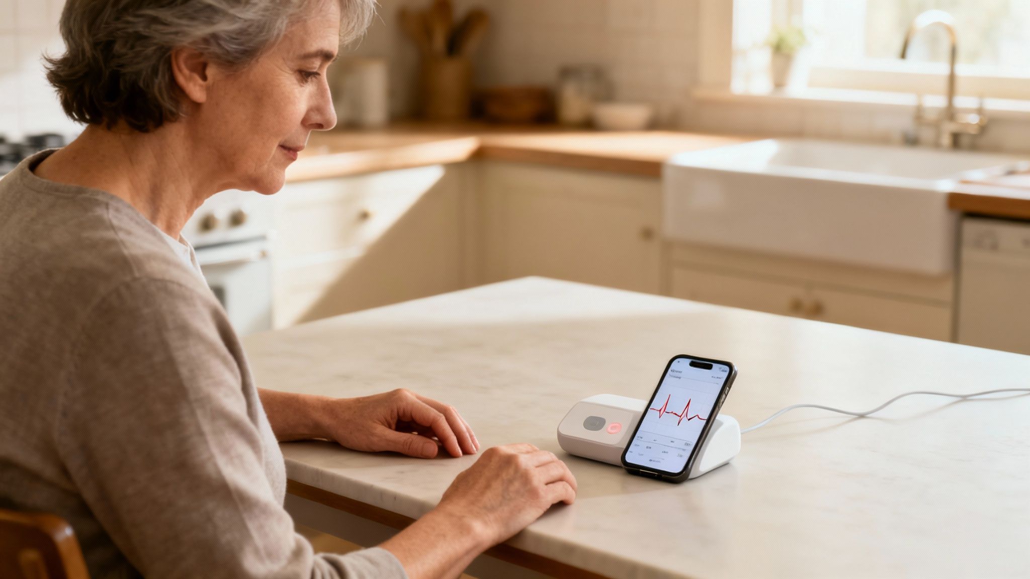 A person calmly reviewing their heart rhythm data on a smartwatch, sitting in a comfortable home environment.