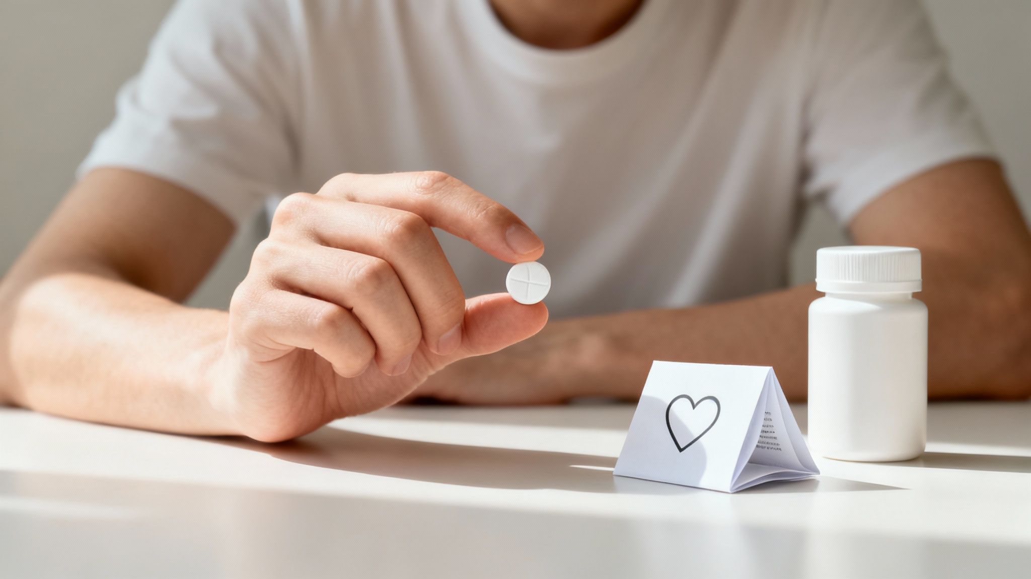 A person holding a single aspirin tablet in their palm, with a blurred, comforting background.
