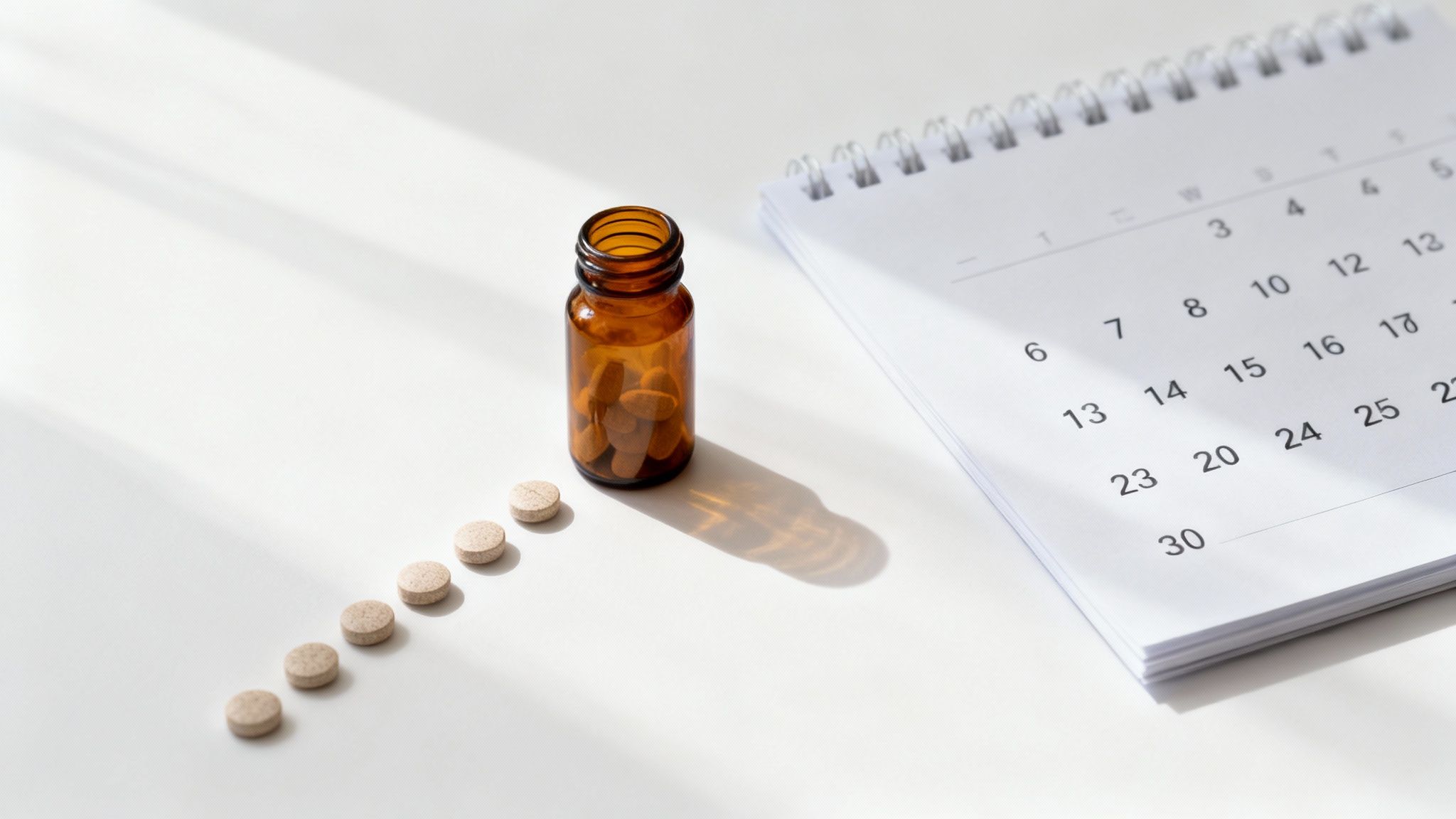 Amber medication bottle with tablets arranged beside calendar showing daily prescription schedule tracking