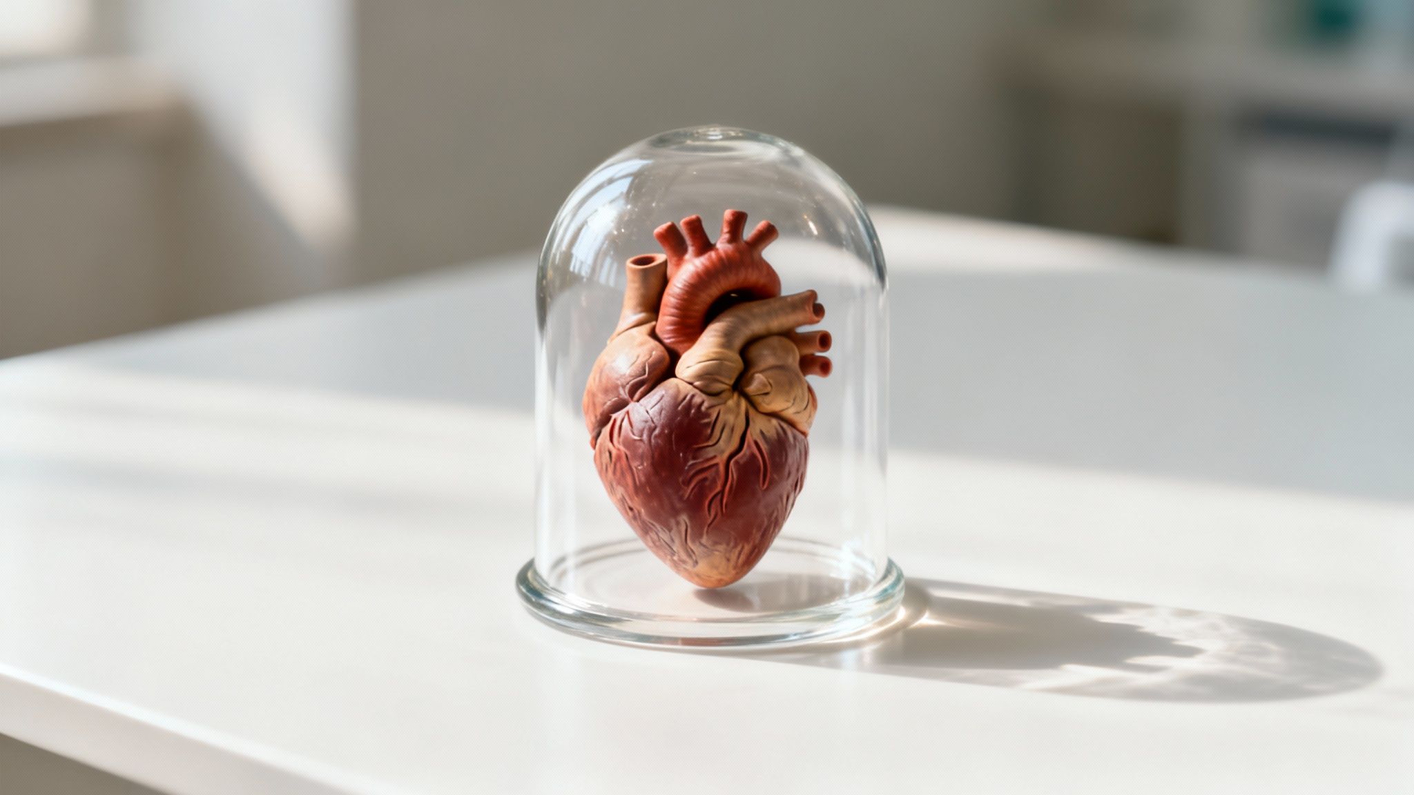 Anatomical heart model displayed under glass dome on white table in medical office
