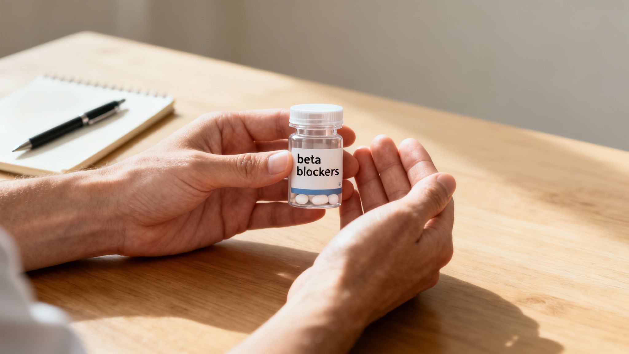 Person holding bottle of beta blockers medication on wooden desk with notepad
