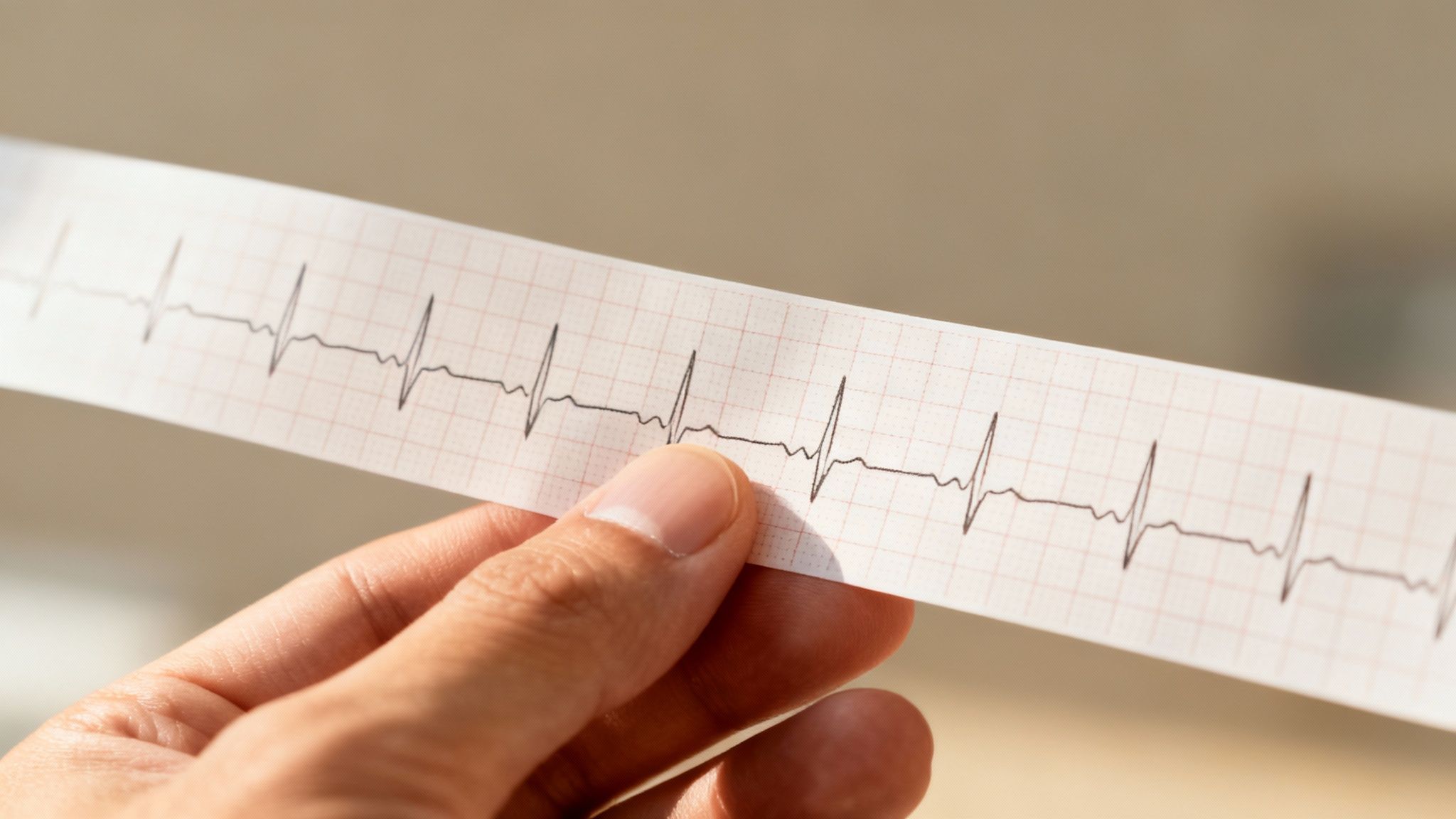 Hand holding printed electrocardiogram strip showing heart rhythm pattern on graph paper