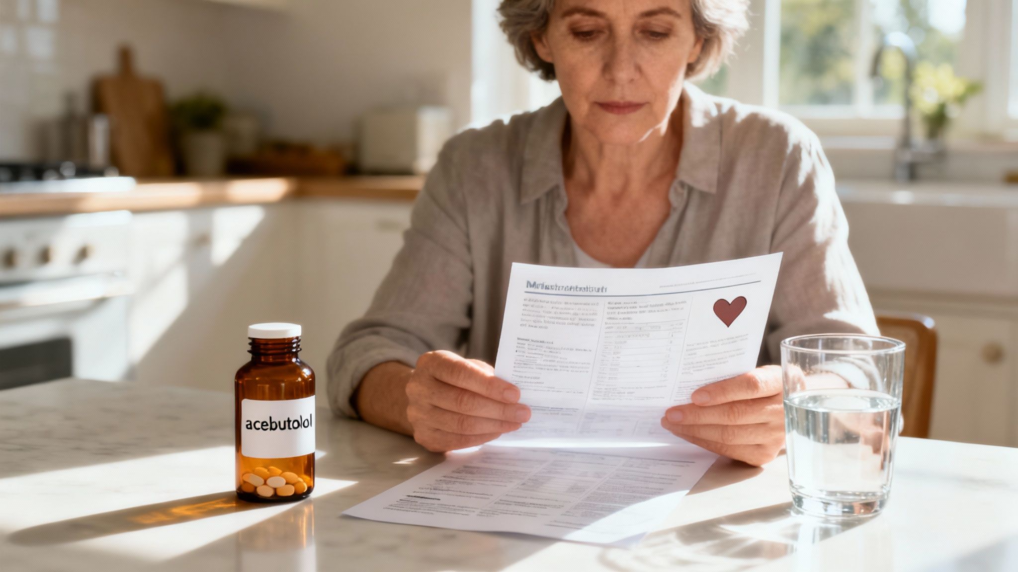 An older woman in her kitchen reads medication instructions for acebutolol with pills and water on the table.
