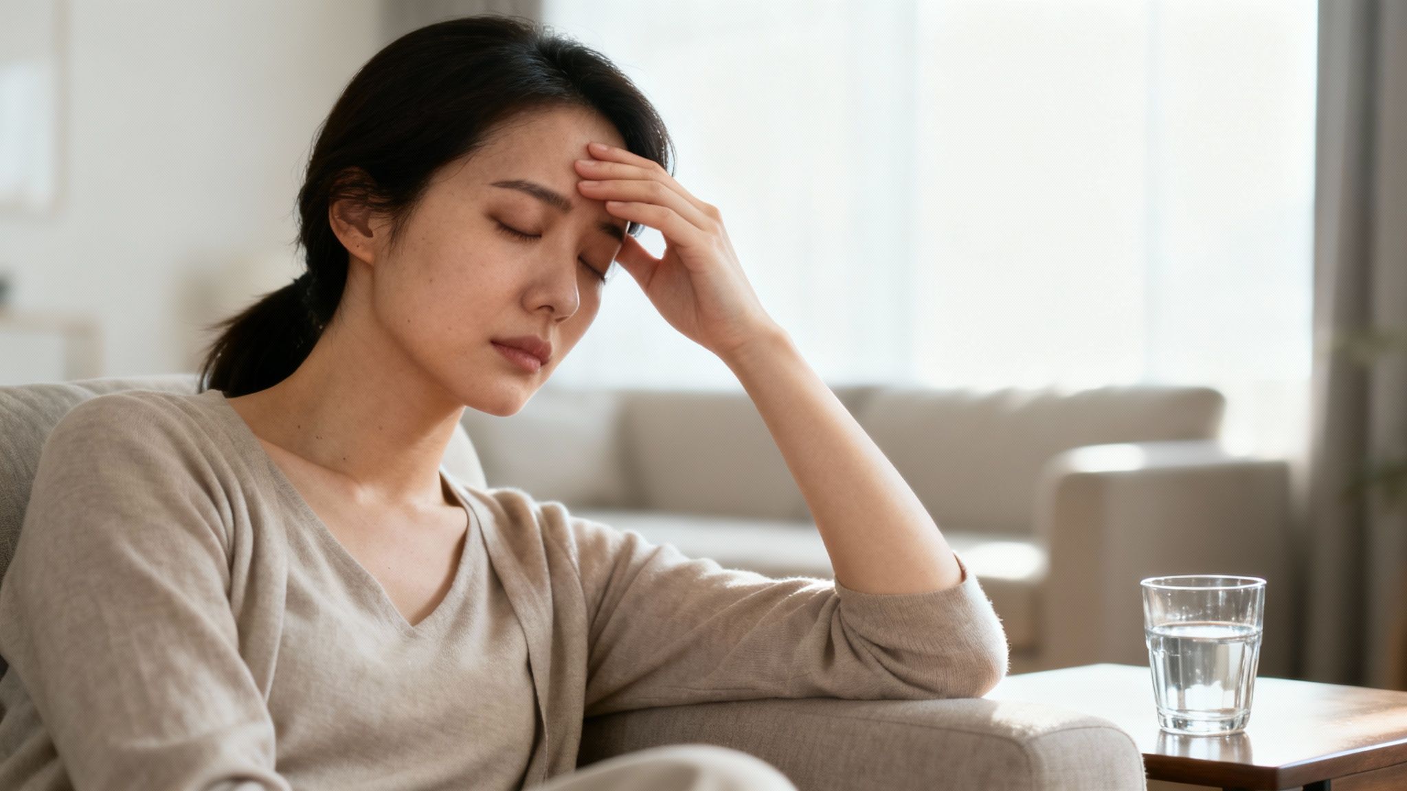 A young Asian woman experiencing a headache, holding her hand to her forehead while sitting.