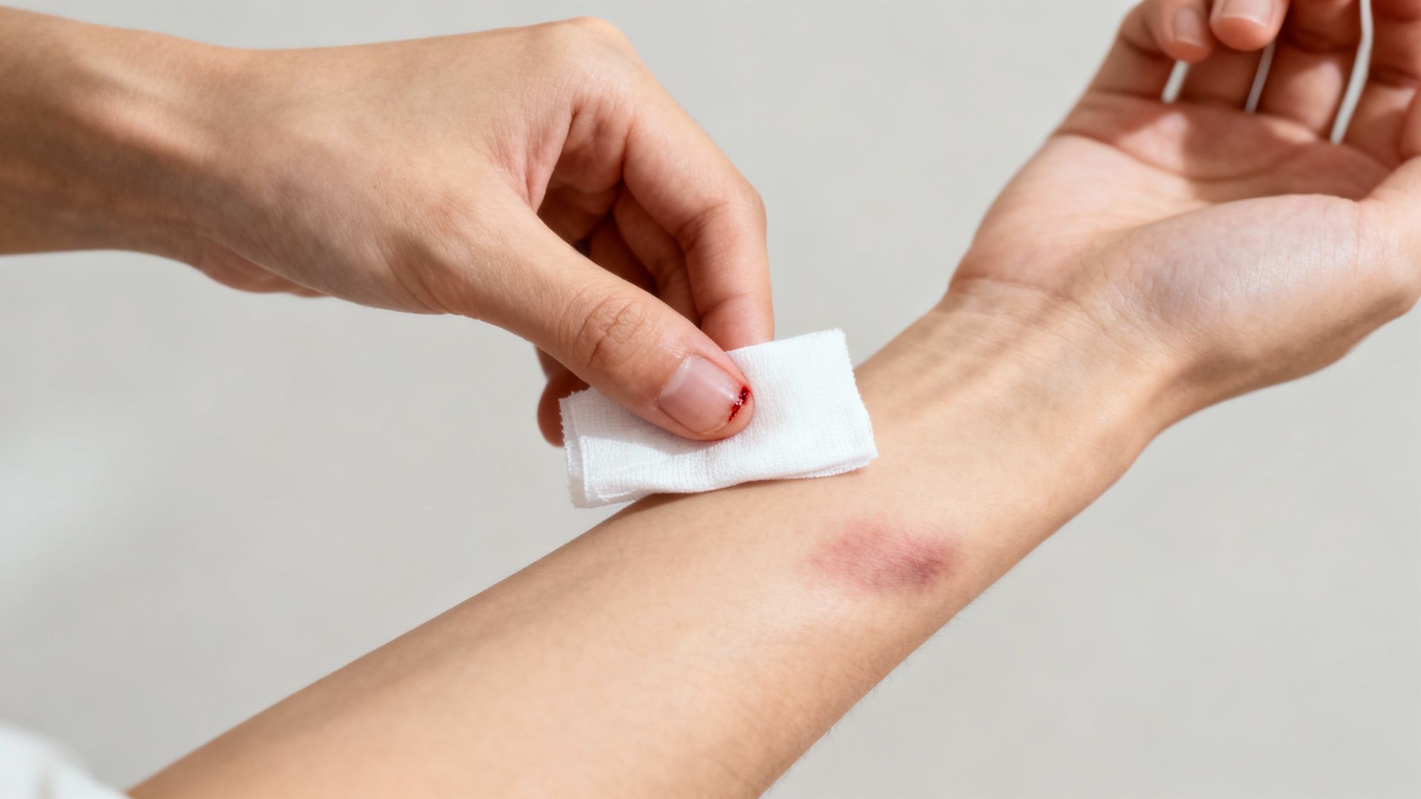 Close-up of a hand holding bloodied gauze, tending to a bruise on a person's forearm.
