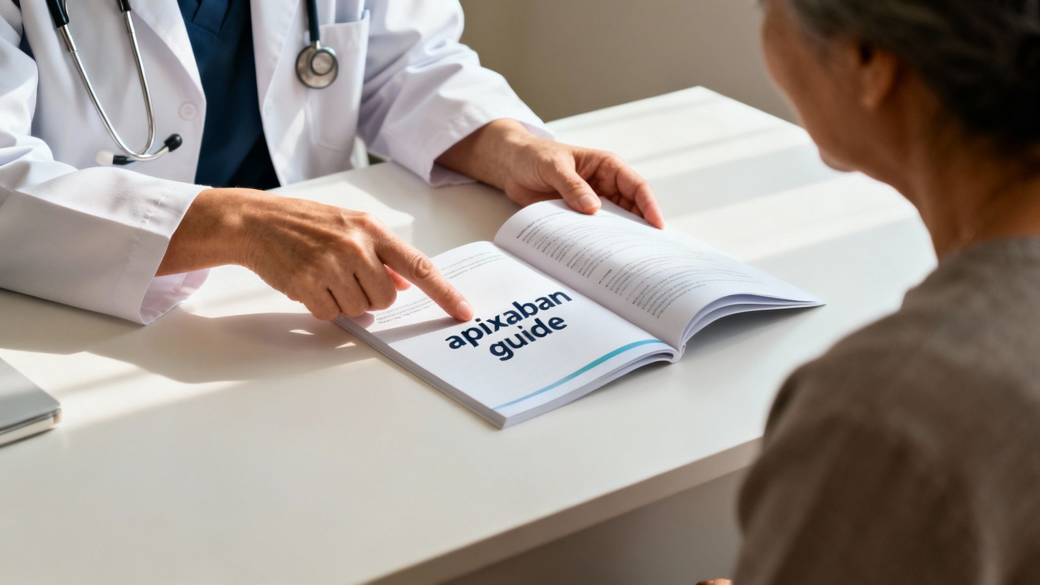 Doctor points to an apixaban guide booklet, explaining medication details to a patient.