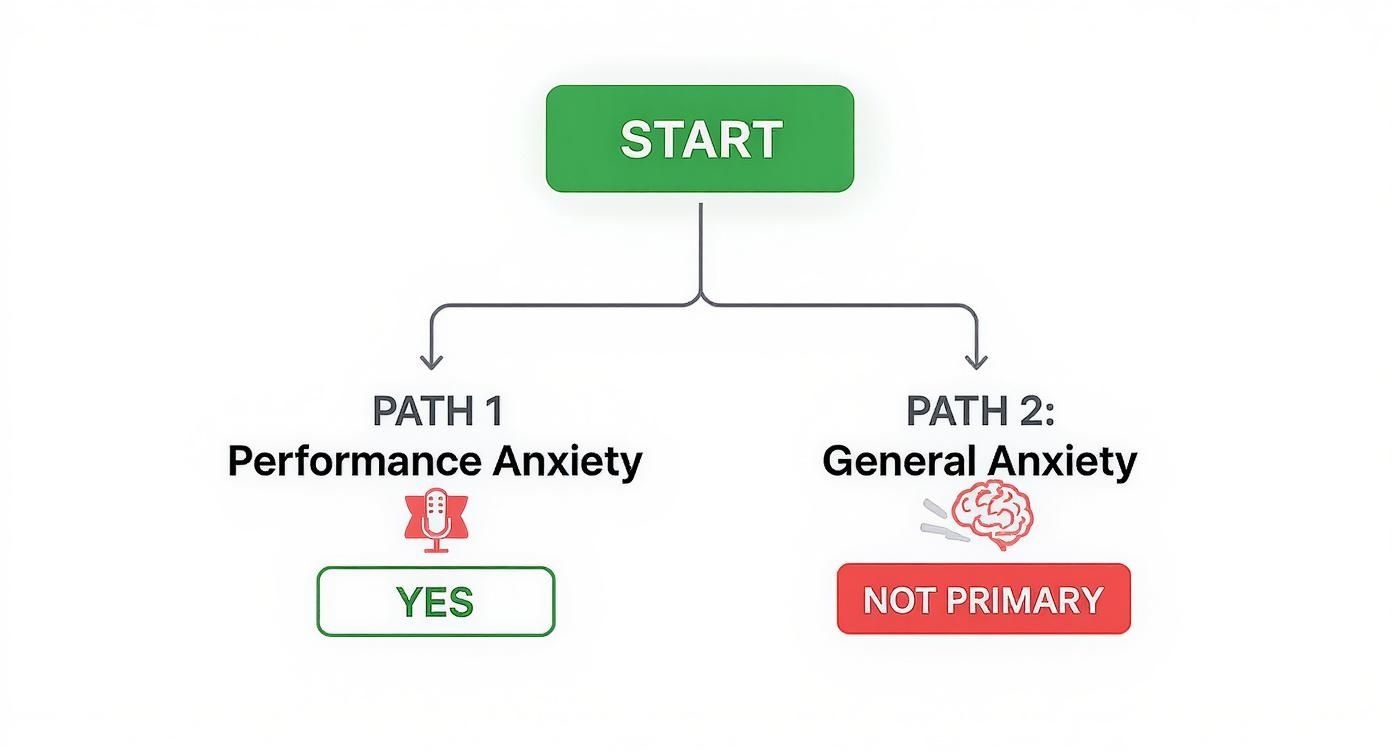 Flowchart illustrating two paths from start: Performance Anxiety (YES) and General Anxiety (NOT PRIMARY).