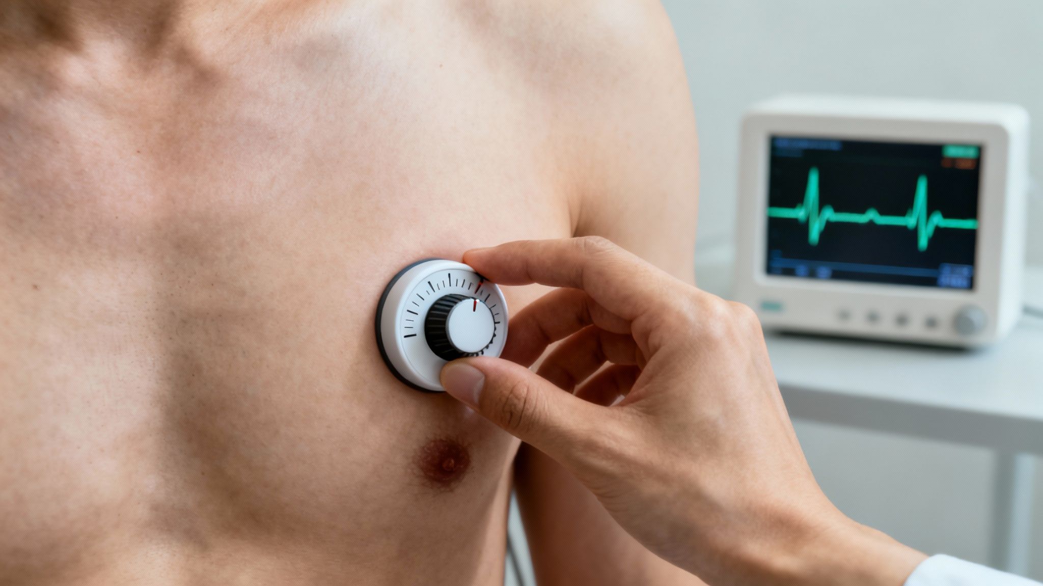 A medical professional places a sensor on a patient's chest, with an ECG monitor showing heart rhythm.