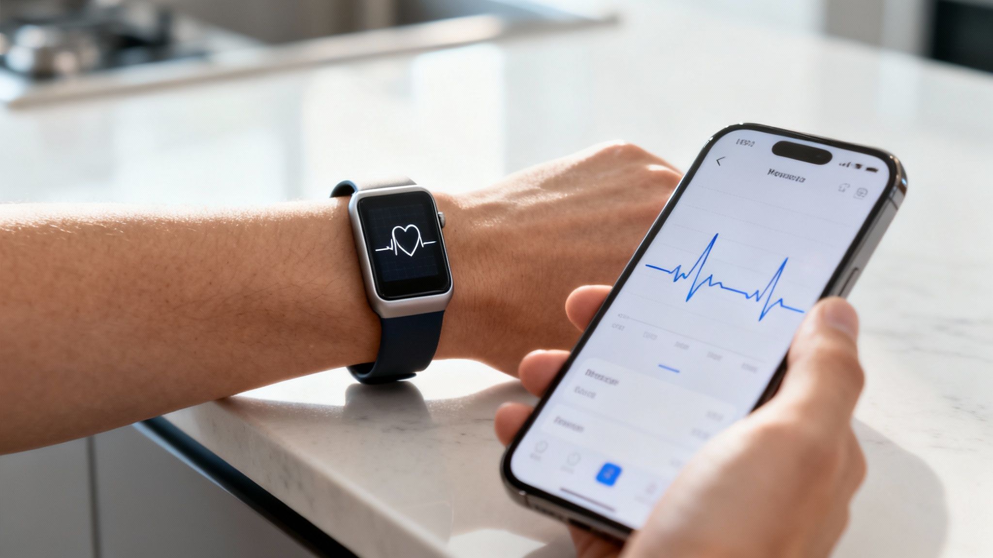 Smartwatch displaying heart rate while a smartphone shows an ECG graph, indicating health monitoring.