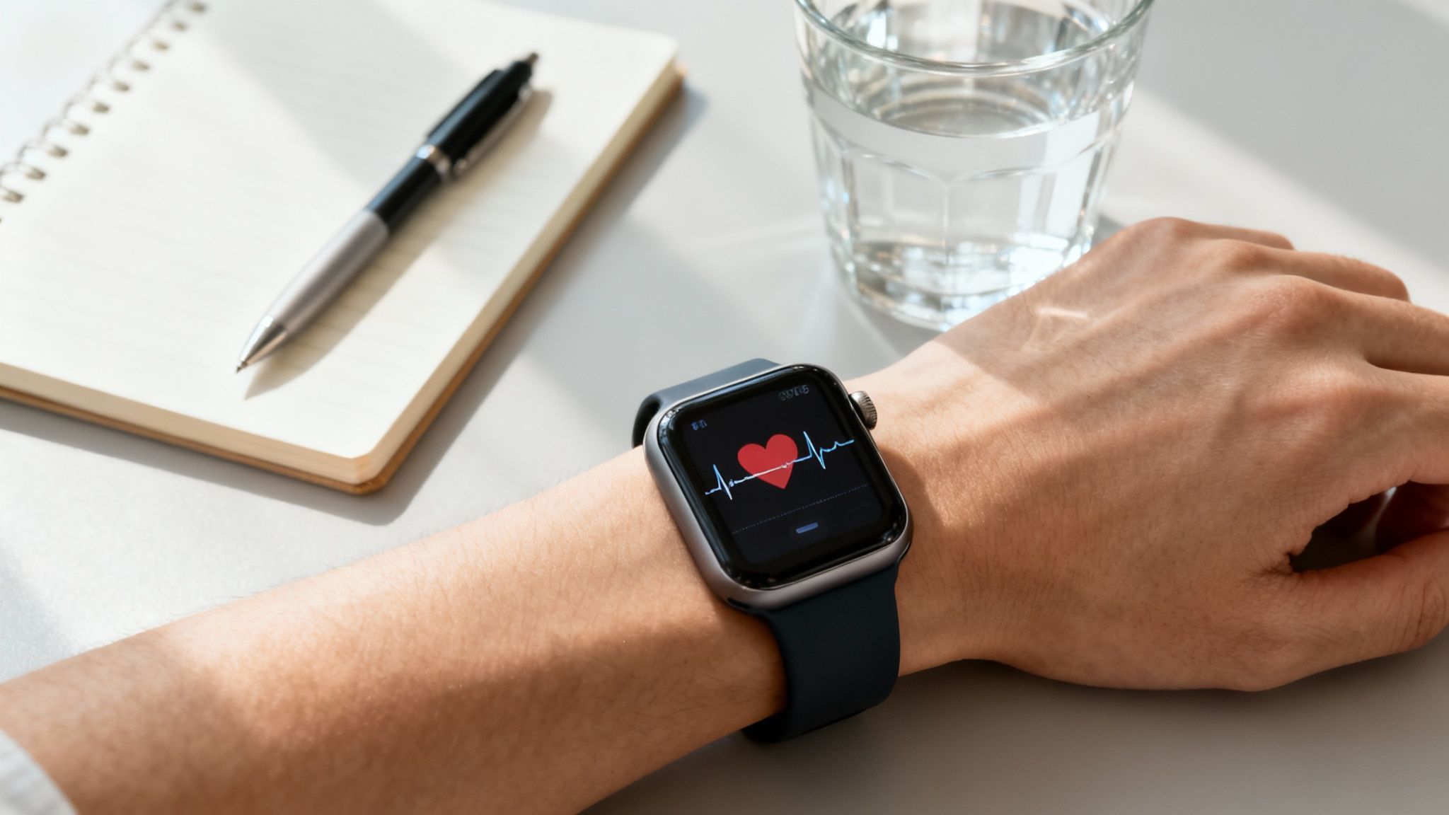 Close-up of a smartwatch displaying heart rate on a person's wrist, next to a notebook, pen, and glass of water.