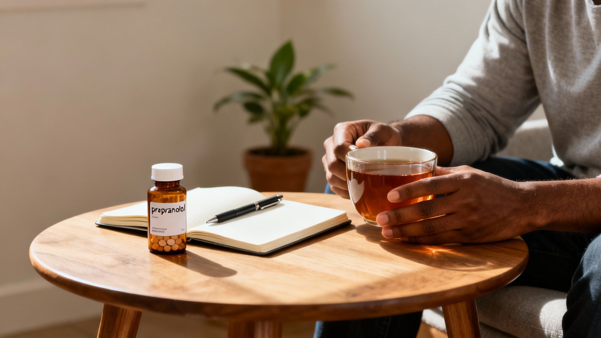 A person holds a cup of tea next to a bottle of propranolol pills, a notebook, and a pen on a table.