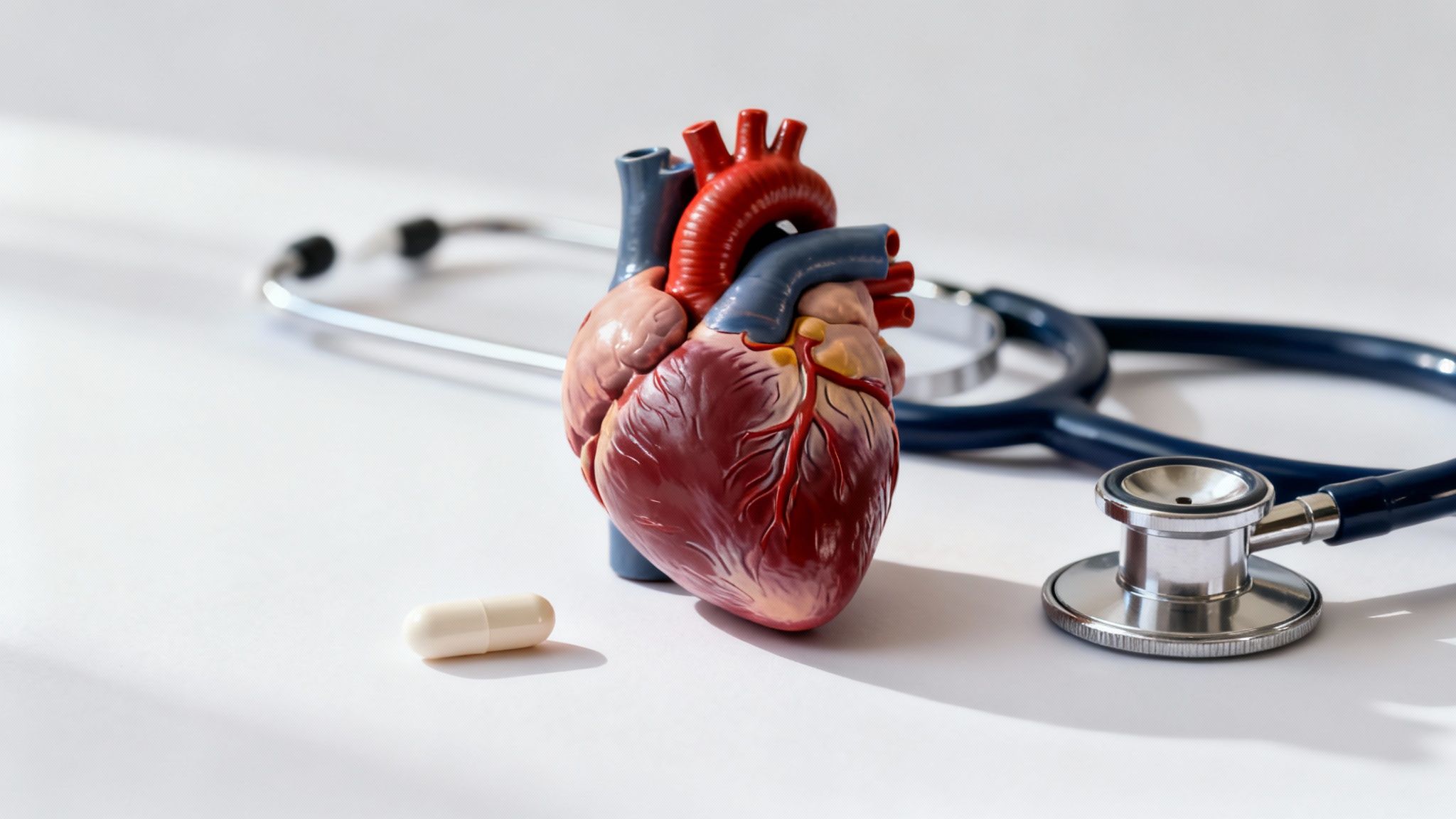 A realistic anatomical model of a human heart, a stethoscope, and a white pill on a white background.