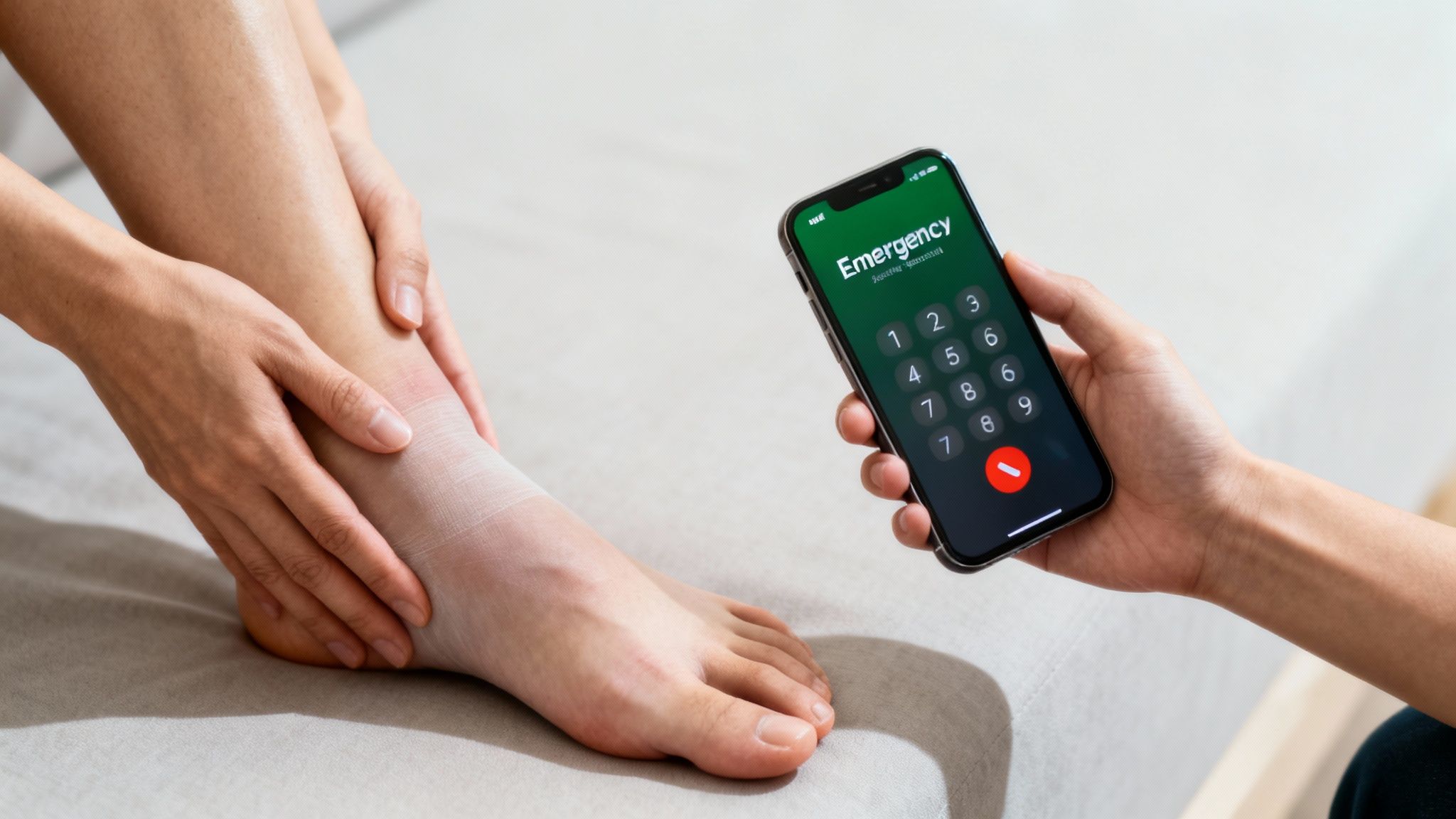 A person holds a phone dialing emergency while another person holds their injured, bandaged ankle.