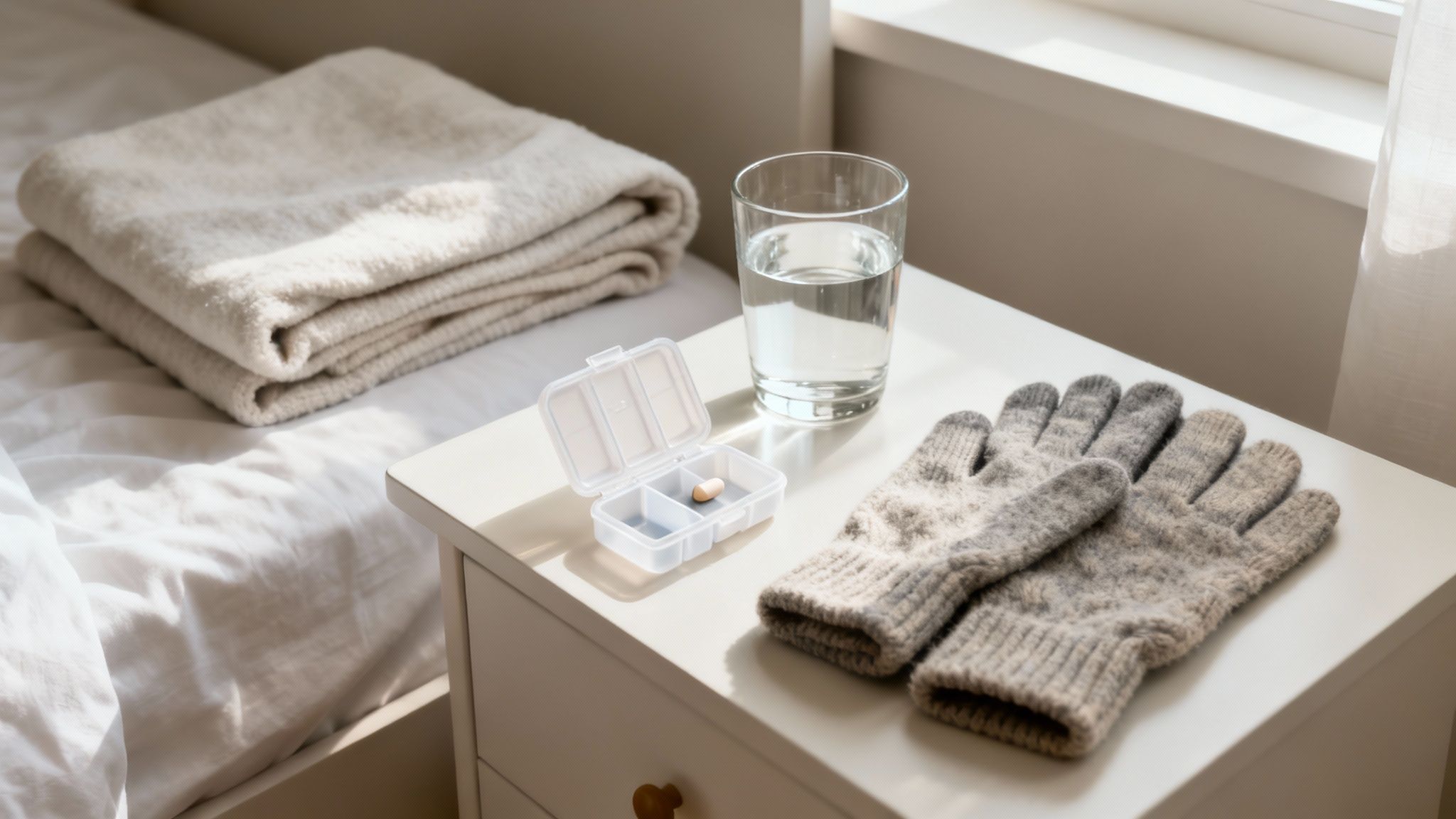 A bedside table holds a pill organizer with one pill, a glass of water, and warm gloves beside a bed.